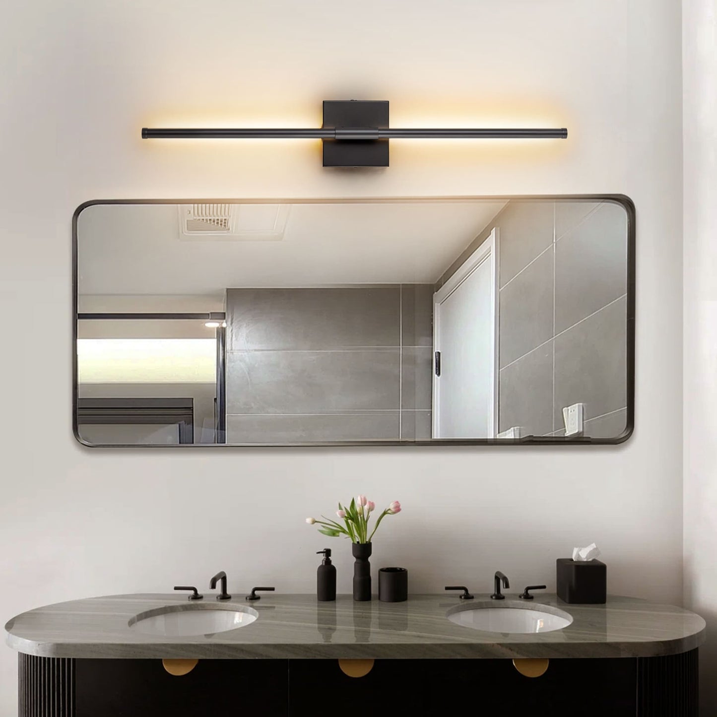 1-flammige, moderne, lange, lineare Wandleuchte in Schwarz/Gold/Nickel, dimmbare LED-Badezimmer-Waschtischleuchte