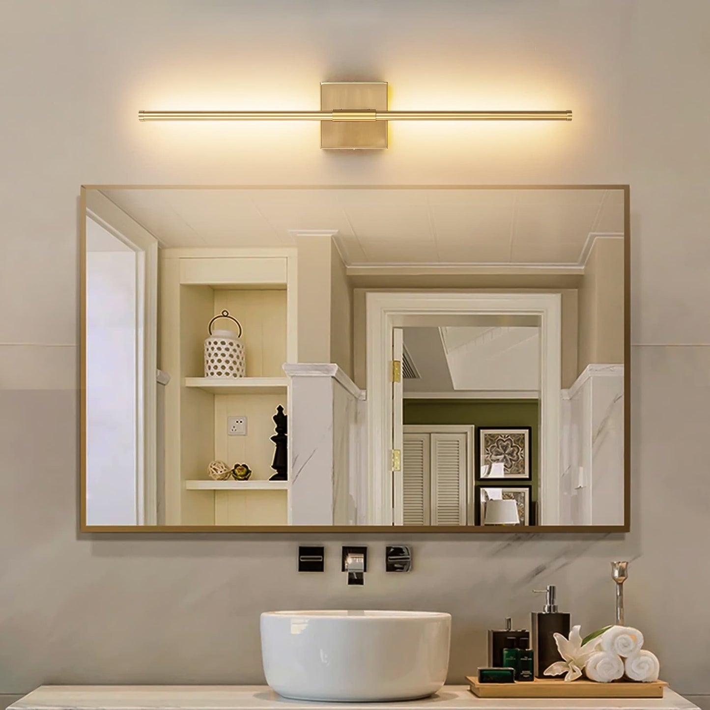 1-flammige, moderne, lange, lineare Wandleuchte in Schwarz/Gold/Nickel, dimmbare LED-Badezimmer-Waschtischleuchte