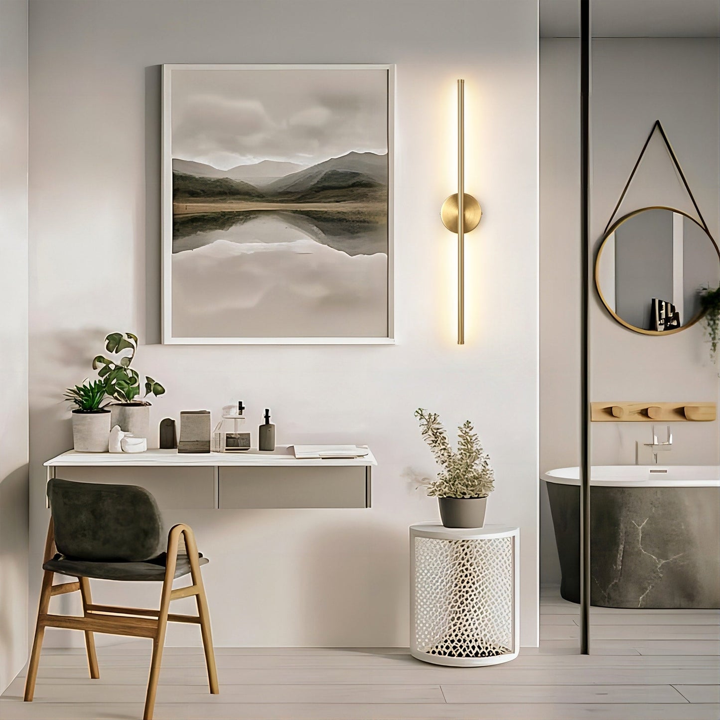 1-flammige, moderne, lange, lineare Wandleuchte in Schwarz/Gold/Nickel, dimmbare LED-Badezimmer-Waschtischleuchte