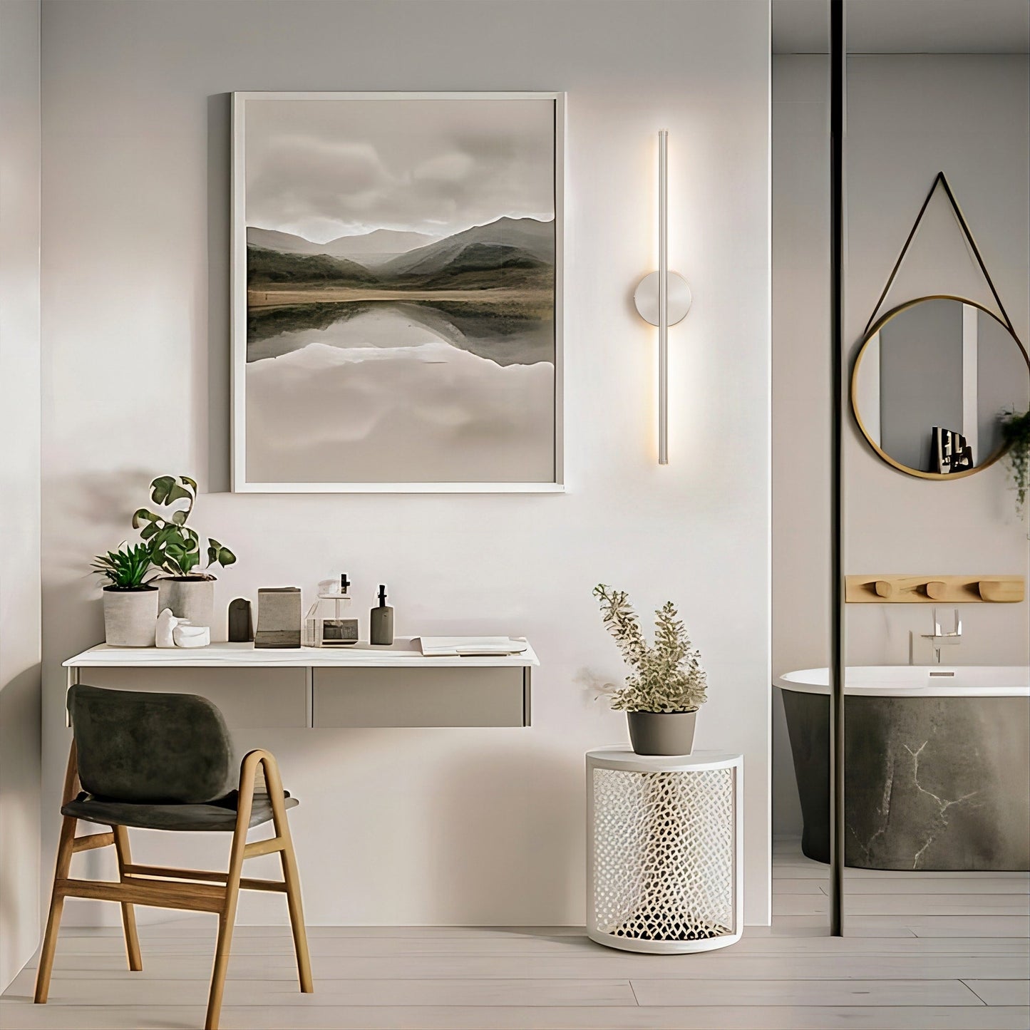 1-flammige, moderne, lange, lineare Wandleuchte in Schwarz/Gold/Nickel, dimmbare LED-Badezimmer-Waschtischleuchte