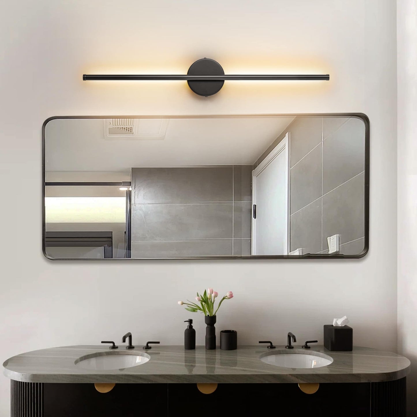 1-flammige, moderne, lange, lineare Wandleuchte in Schwarz/Gold/Nickel, dimmbare LED-Badezimmer-Waschtischleuchte
