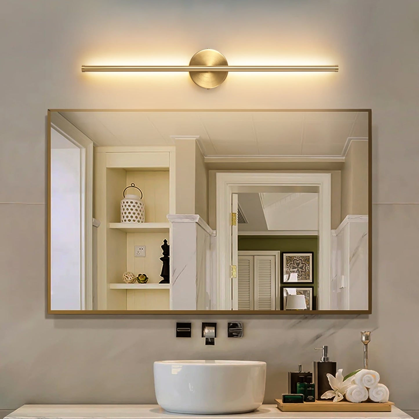 1-flammige, moderne, lange, lineare Wandleuchte in Schwarz/Gold/Nickel, dimmbare LED-Badezimmer-Waschtischleuchte
