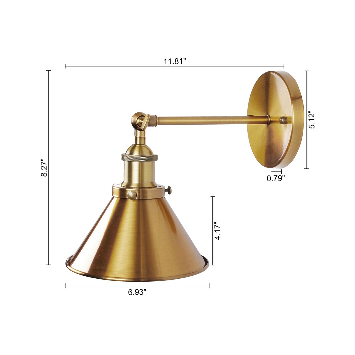 1-flammige Wandleuchte mit kegelförmigem Metallschirm, Messing