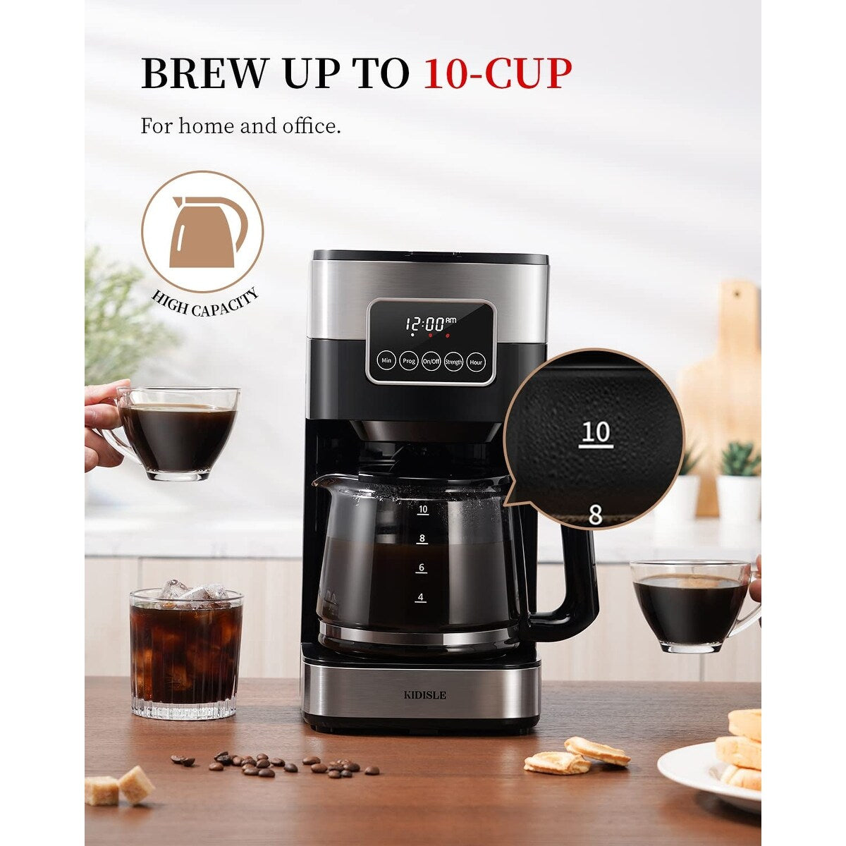 Programmierbare Kaffeemaschine 2.0 für 10 Tassen, Filterkaffeemaschine mit Touchscreen, Glaskaraffe, Warmhalteplatte, normaler und starker Brühvorgang