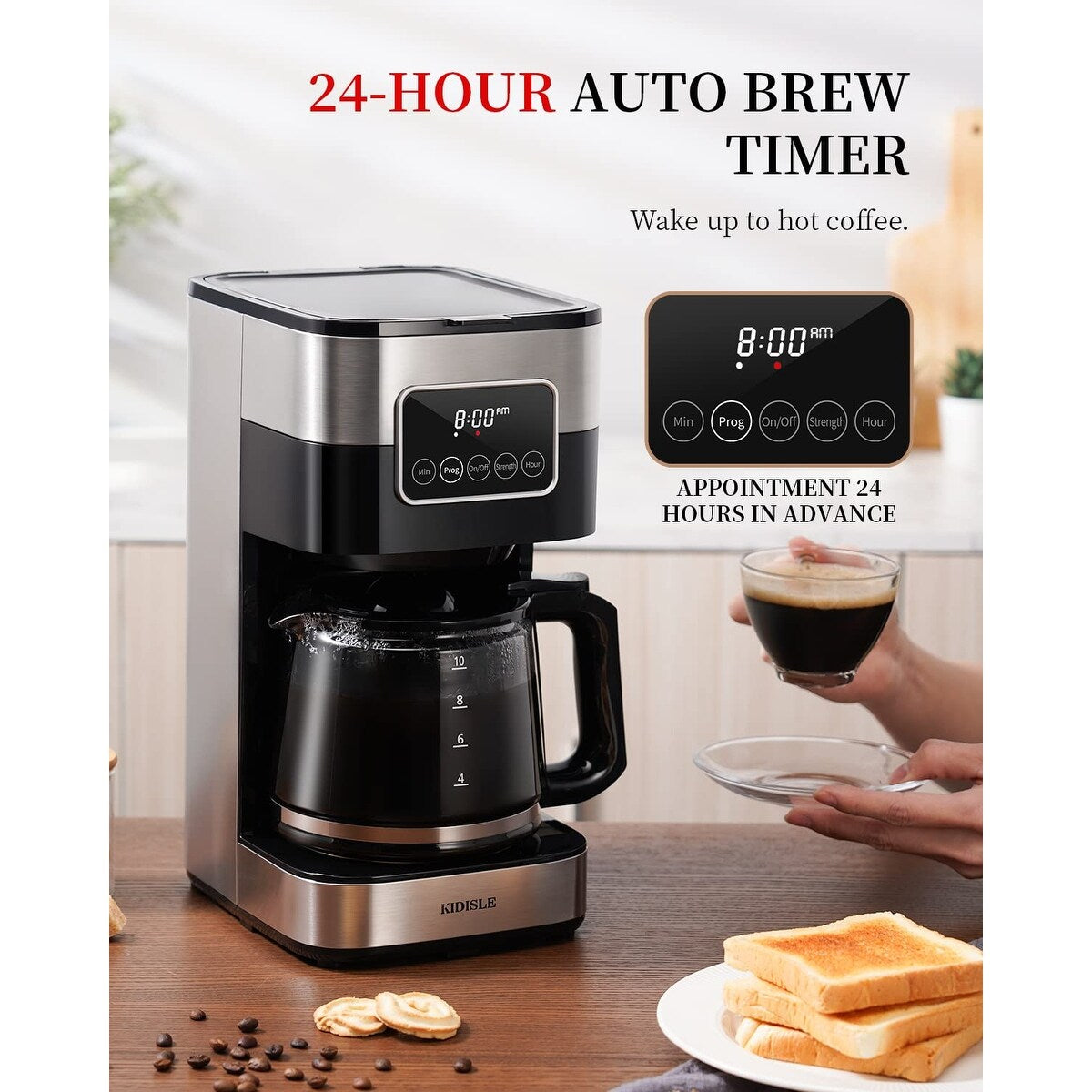 Programmierbare Kaffeemaschine 2.0 für 10 Tassen, Filterkaffeemaschine mit Touchscreen, Glaskaraffe, Warmhalteplatte, normaler und starker Brühvorgang