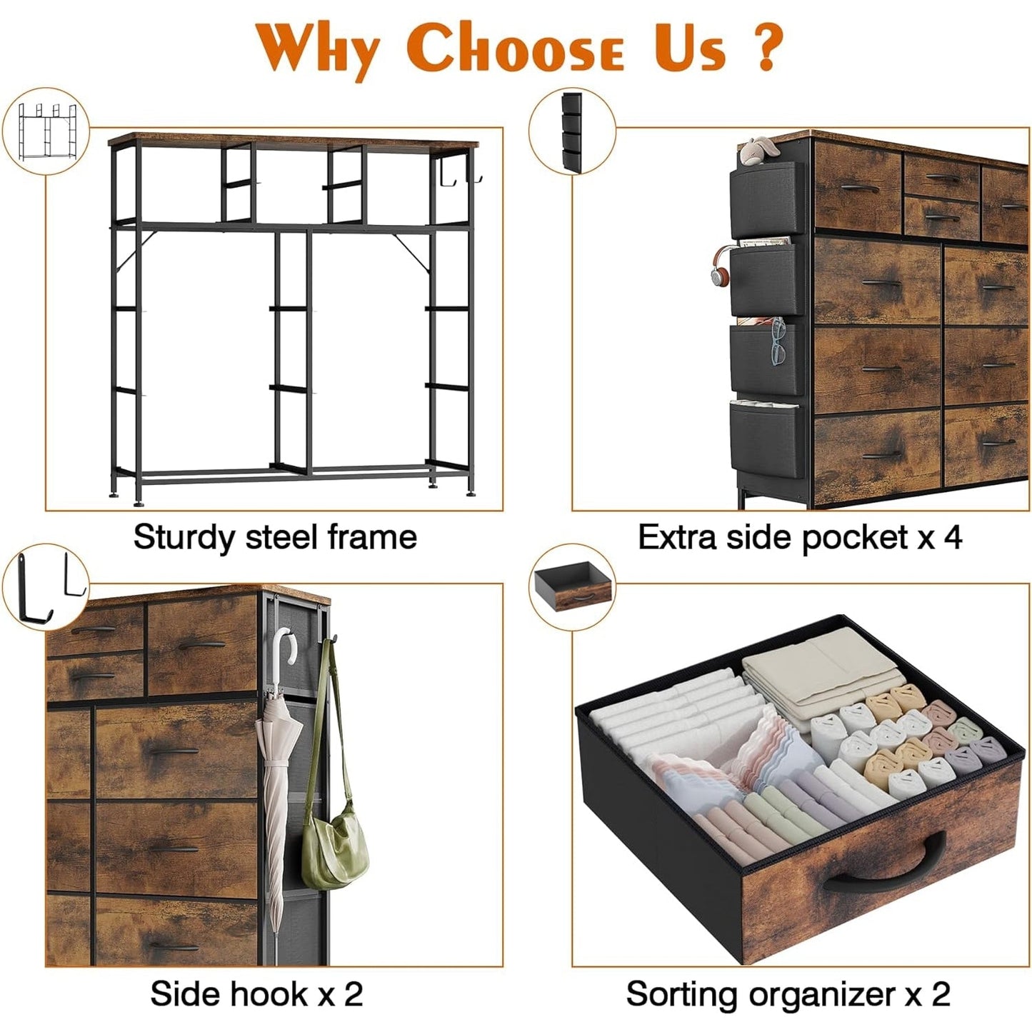 Kommode mit 10 Schubladen, Stoffschrank, Aufbewahrungsturm, Organizer, Schlafzimmer