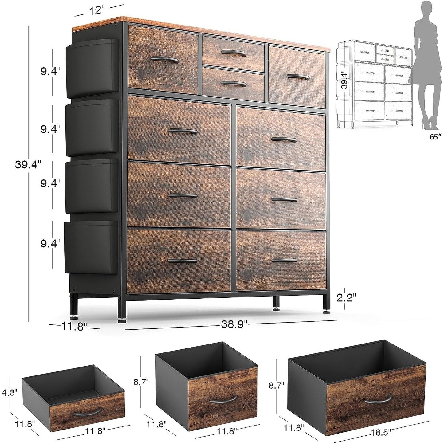 Kommode mit 10 Schubladen, Stoffschrank, Aufbewahrungsturm, Organizer, Schlafzimmer