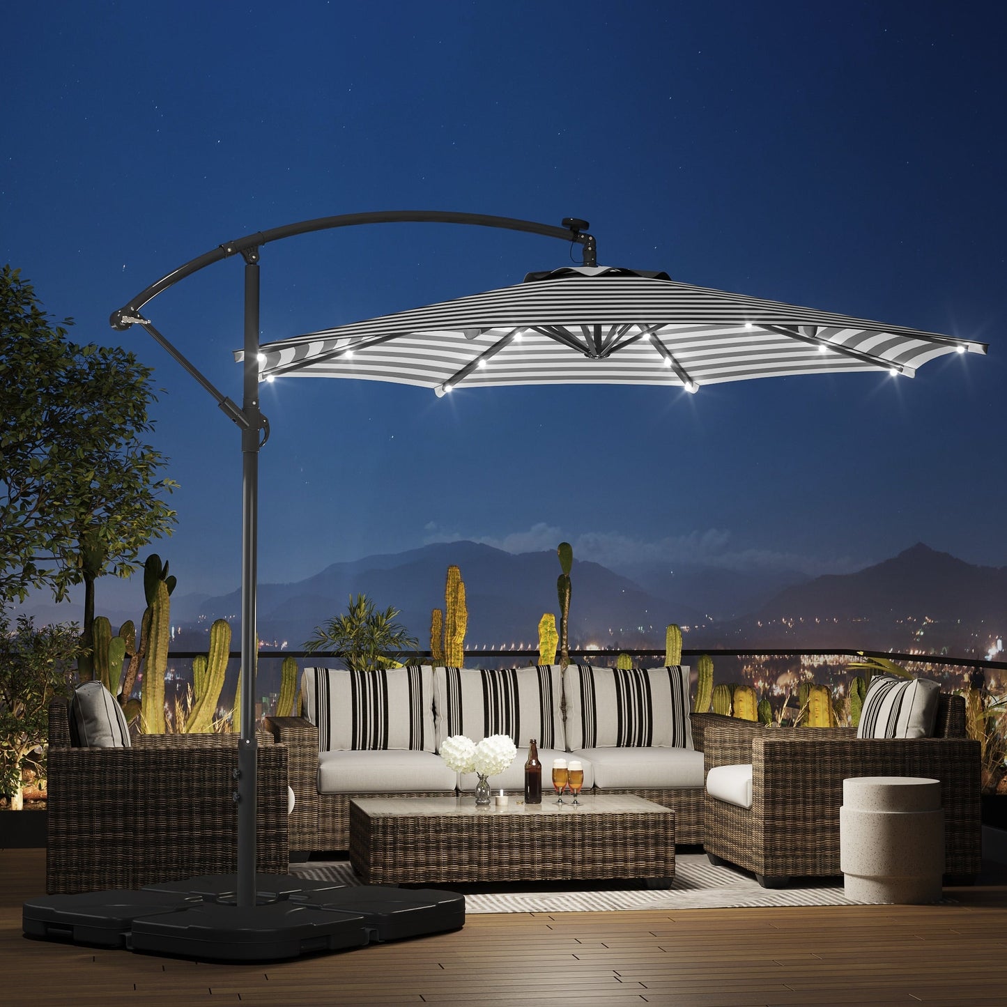 10 Fuß solarbetriebener beleuchteter Terrassenschirm mit Standfuß