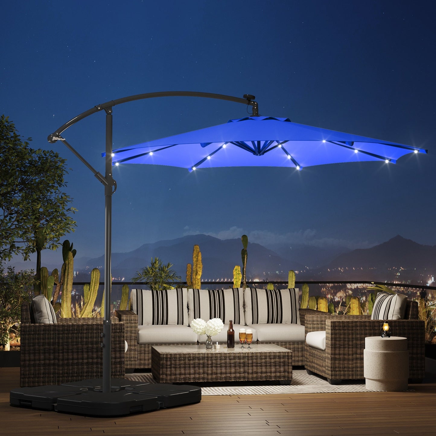 10 Fuß solarbetriebener beleuchteter Terrassenschirm mit Standfuß