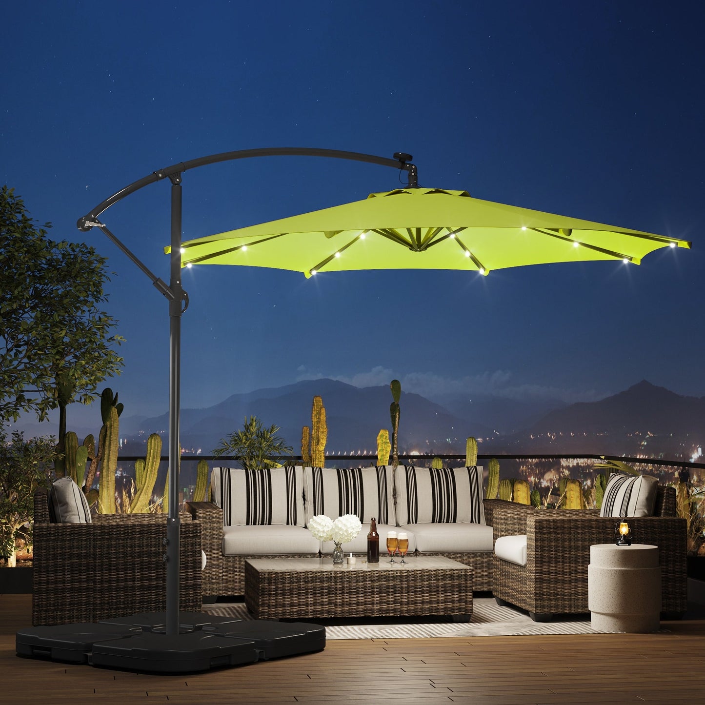 10 Fuß solarbetriebener beleuchteter Terrassenschirm mit Standfuß