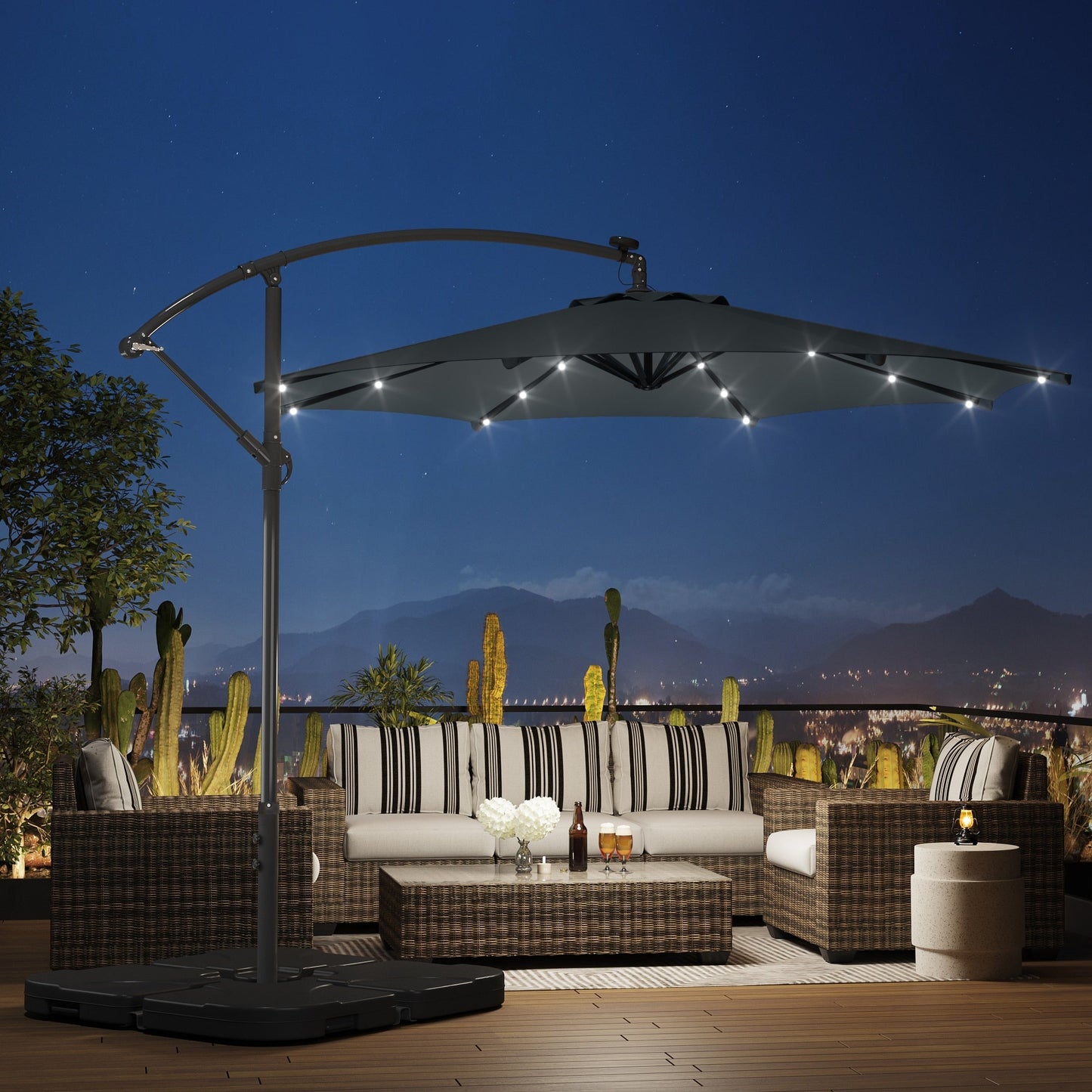 10 Fuß solarbetriebener beleuchteter Terrassenschirm mit Standfuß