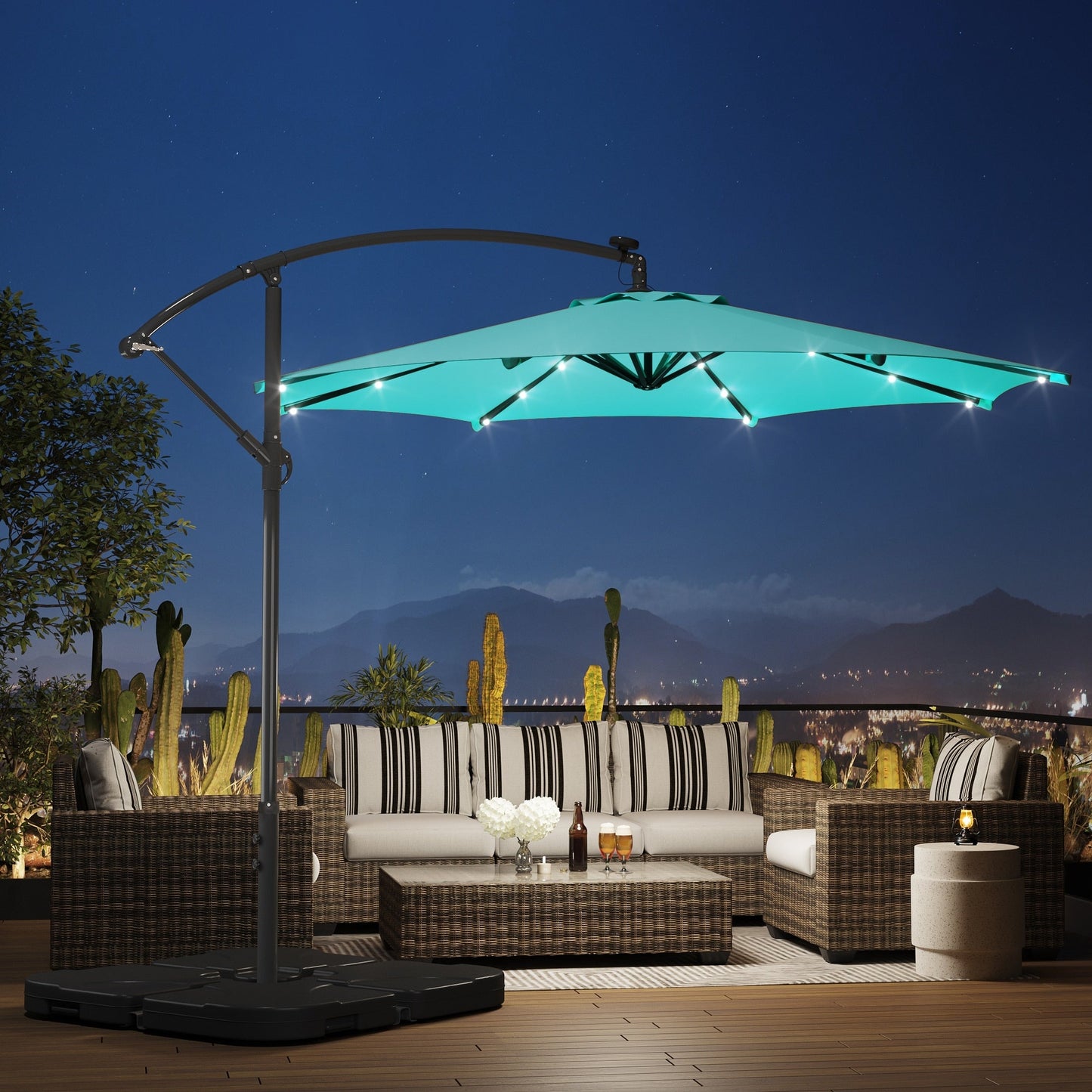 10 Fuß solarbetriebener beleuchteter Terrassenschirm mit Standfuß