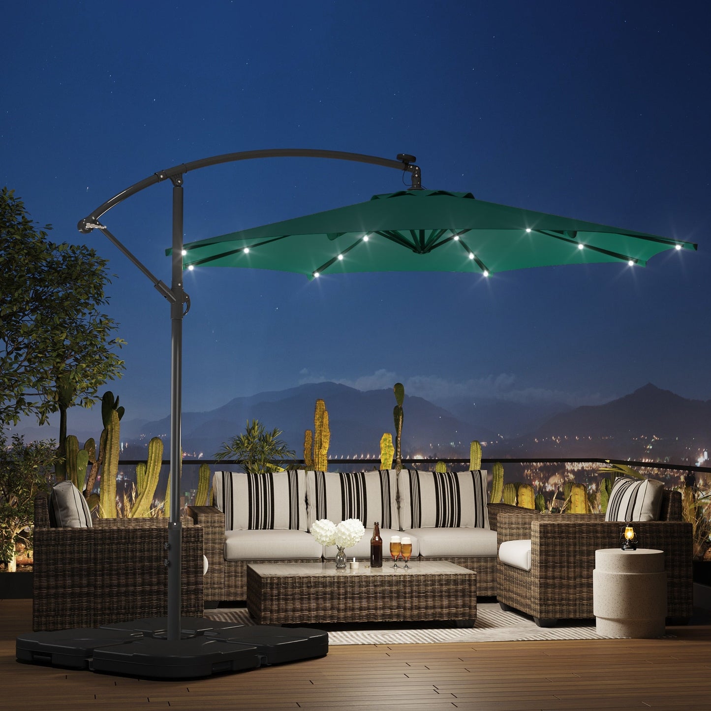10 Fuß solarbetriebener beleuchteter Terrassenschirm mit Standfuß