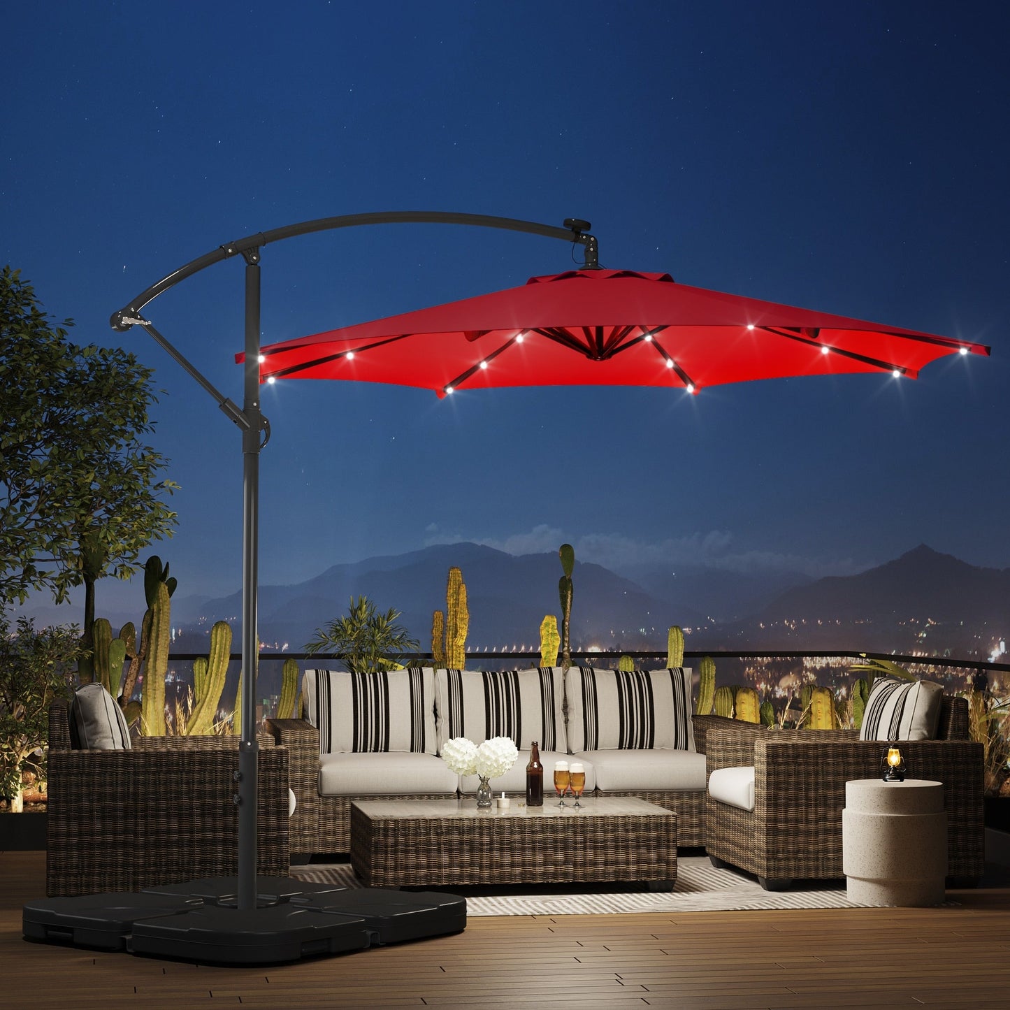 10 Fuß solarbetriebener beleuchteter Terrassenschirm mit Standfuß