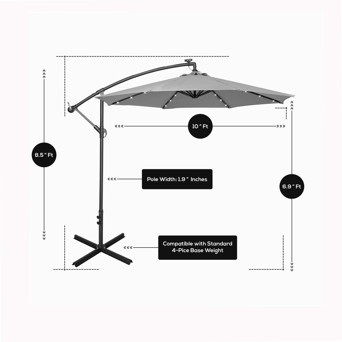 10 Fuß solarbetriebener beleuchteter Terrassenschirm mit Standfuß