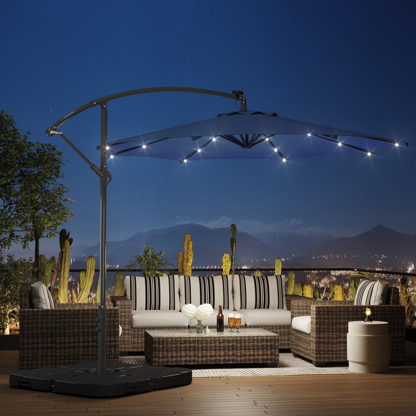 10 Fuß solarbetriebener beleuchteter Terrassenschirm mit Standfuß