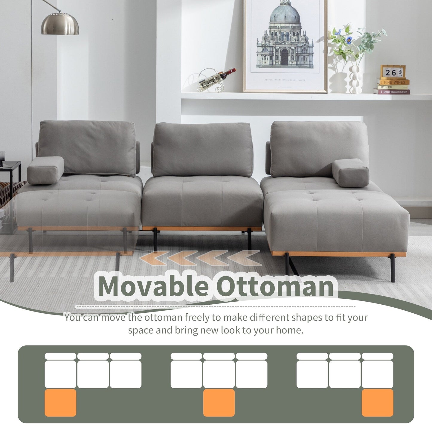100,7'' L-förmiges Stoffsofa mit beweglichem Ottoman und Metallbeinen