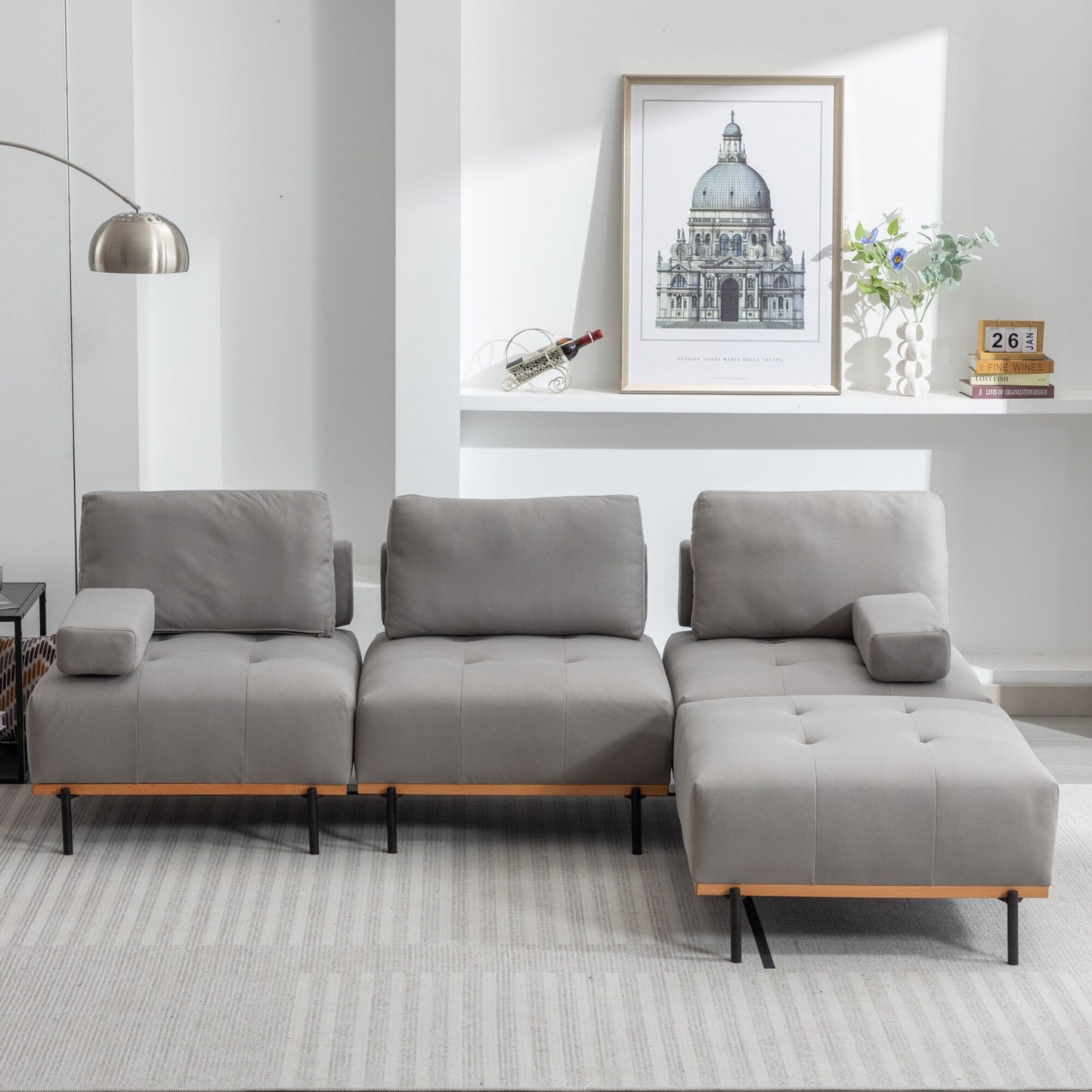100,7'' L-förmiges Stoffsofa mit beweglichem Ottoman und Metallbeinen
