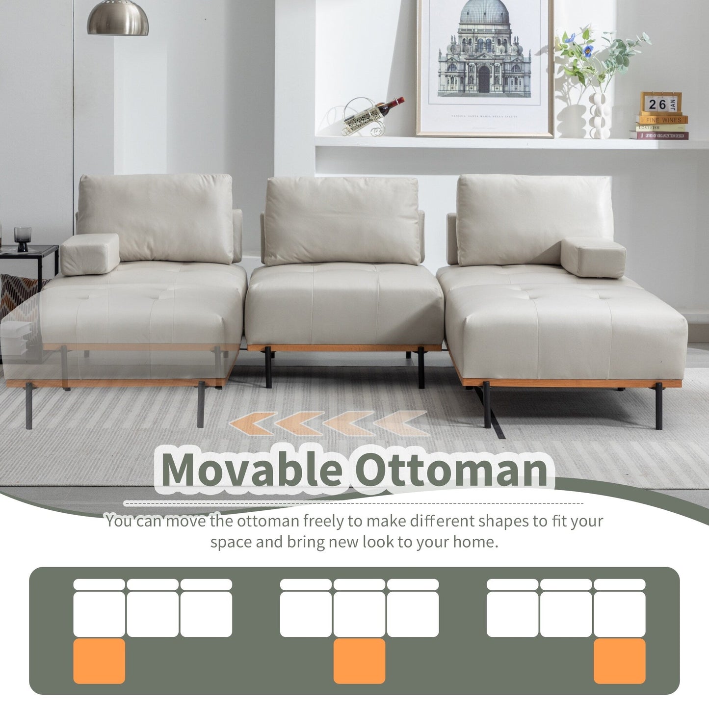 100,7'' L-förmiges Stoffsofa mit beweglichem Ottoman und Metallbeinen