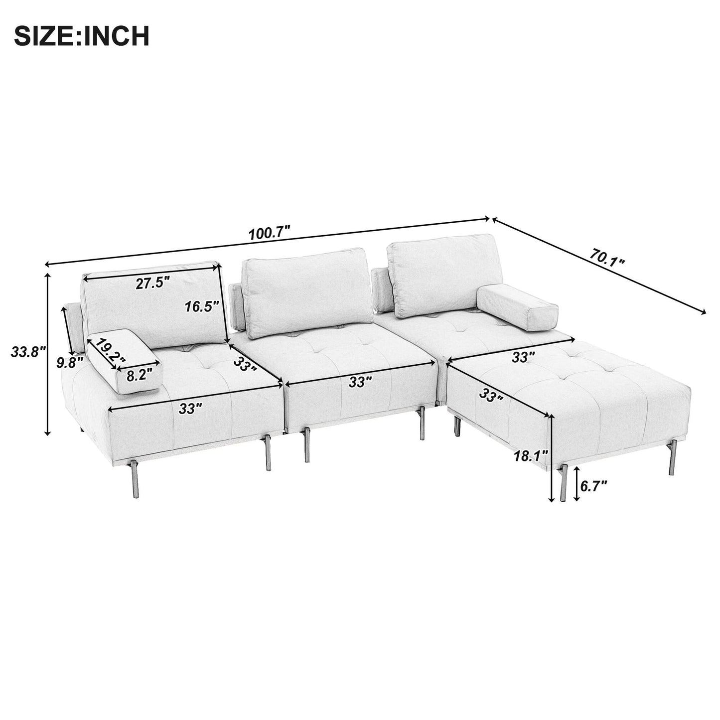 100,7'' L-förmiges Stoffsofa mit beweglichem Ottoman und Metallbeinen