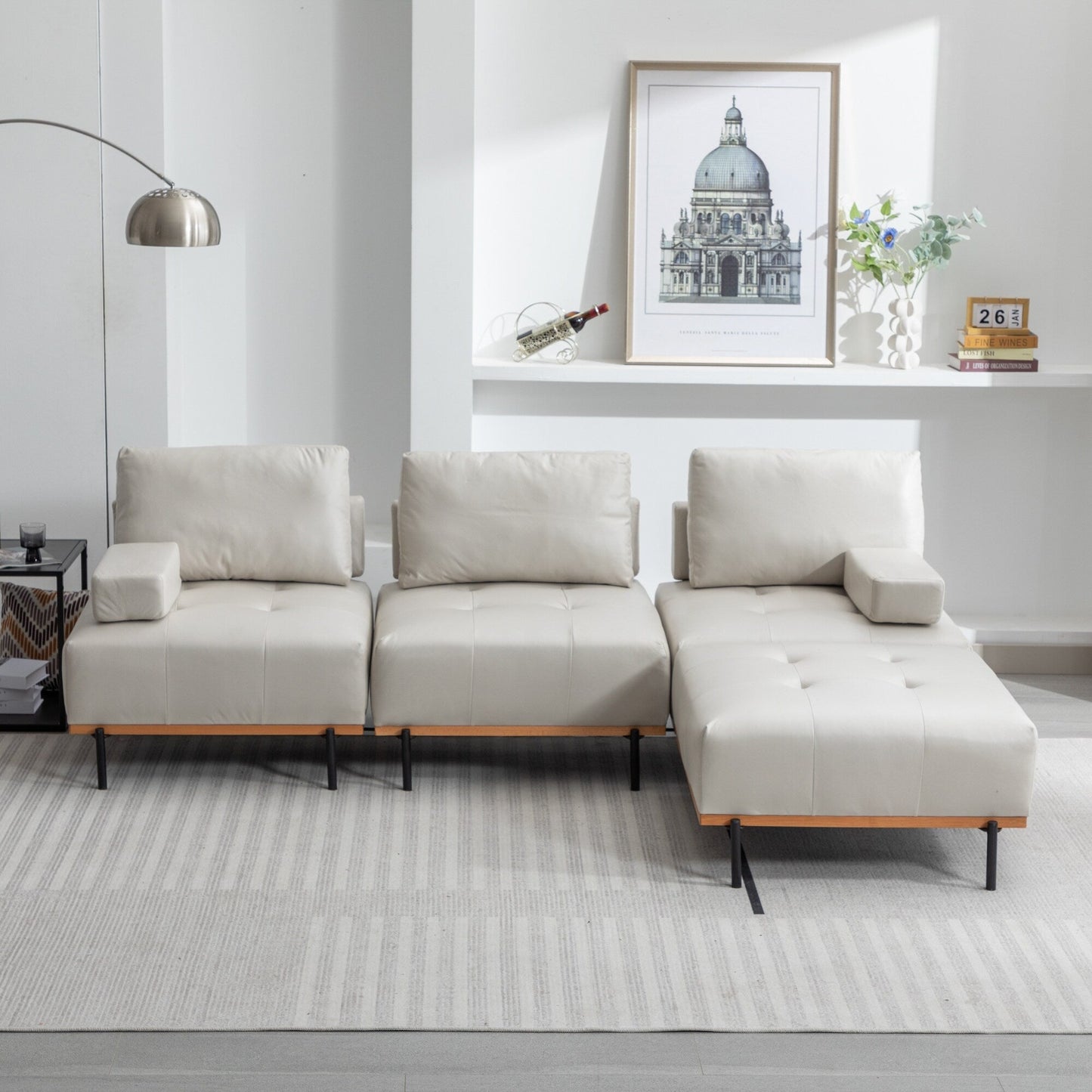 100,7'' L-förmiges Stoffsofa mit beweglichem Ottoman und Metallbeinen