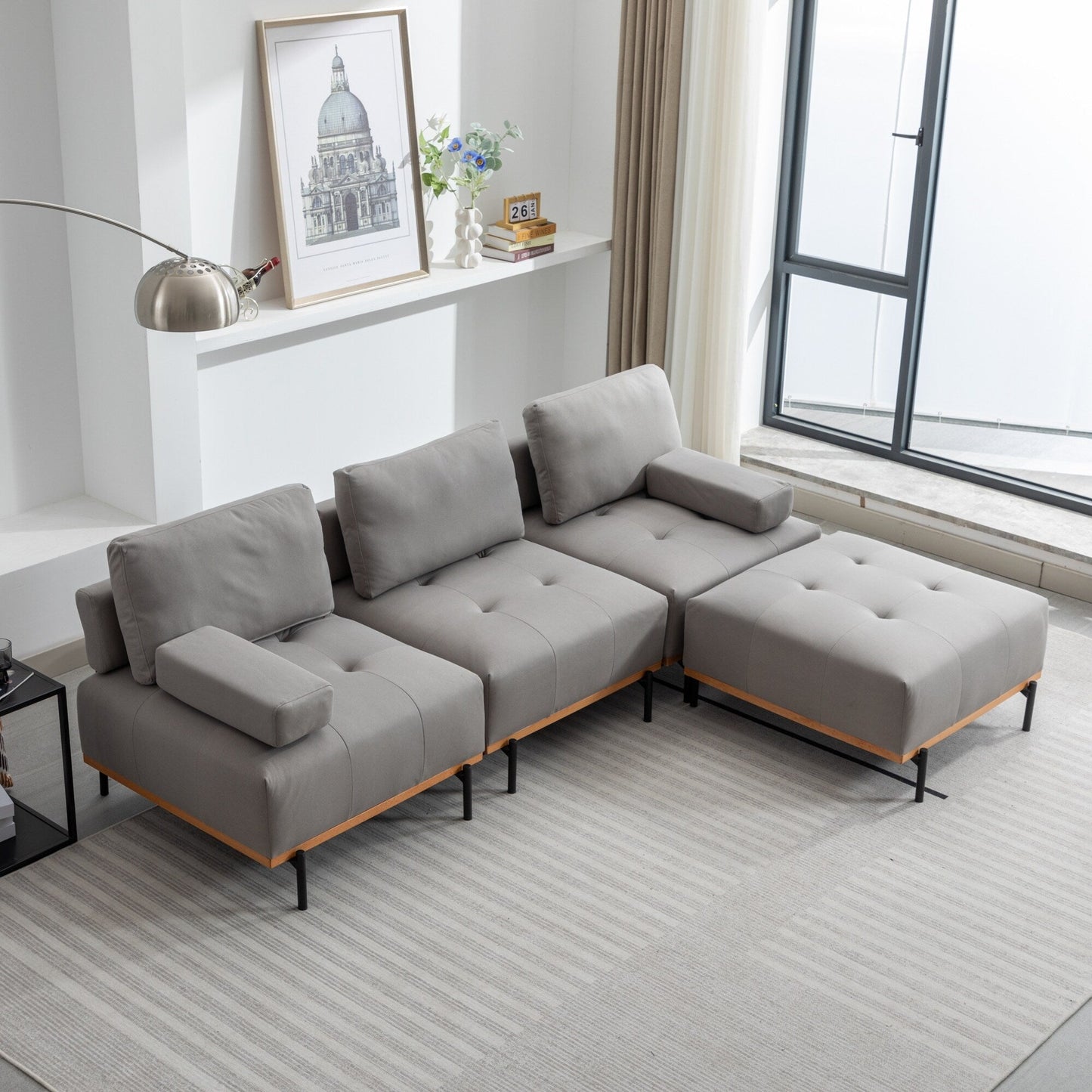100,7'' L-förmiges Stoffsofa mit beweglichem Ottoman und Metallbeinen