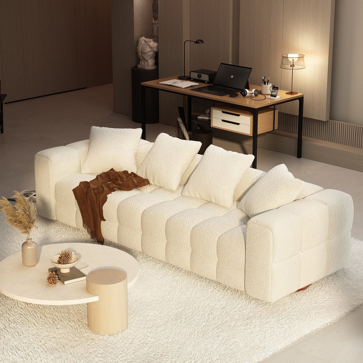 100.8W Wooden Frame Teddy Velvet Sofa in White Couch 4 Person