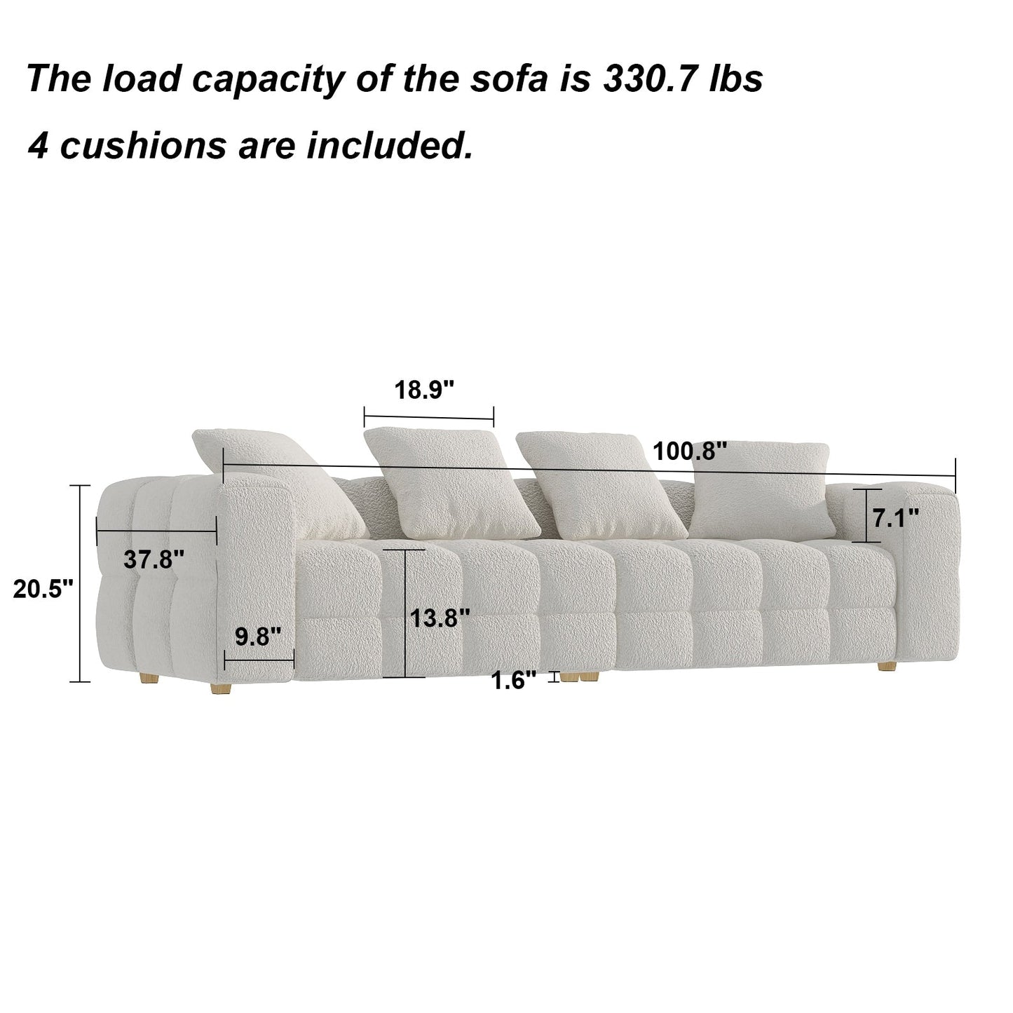 100.8W Wooden Frame Teddy Velvet Sofa in White Couch 4 Person