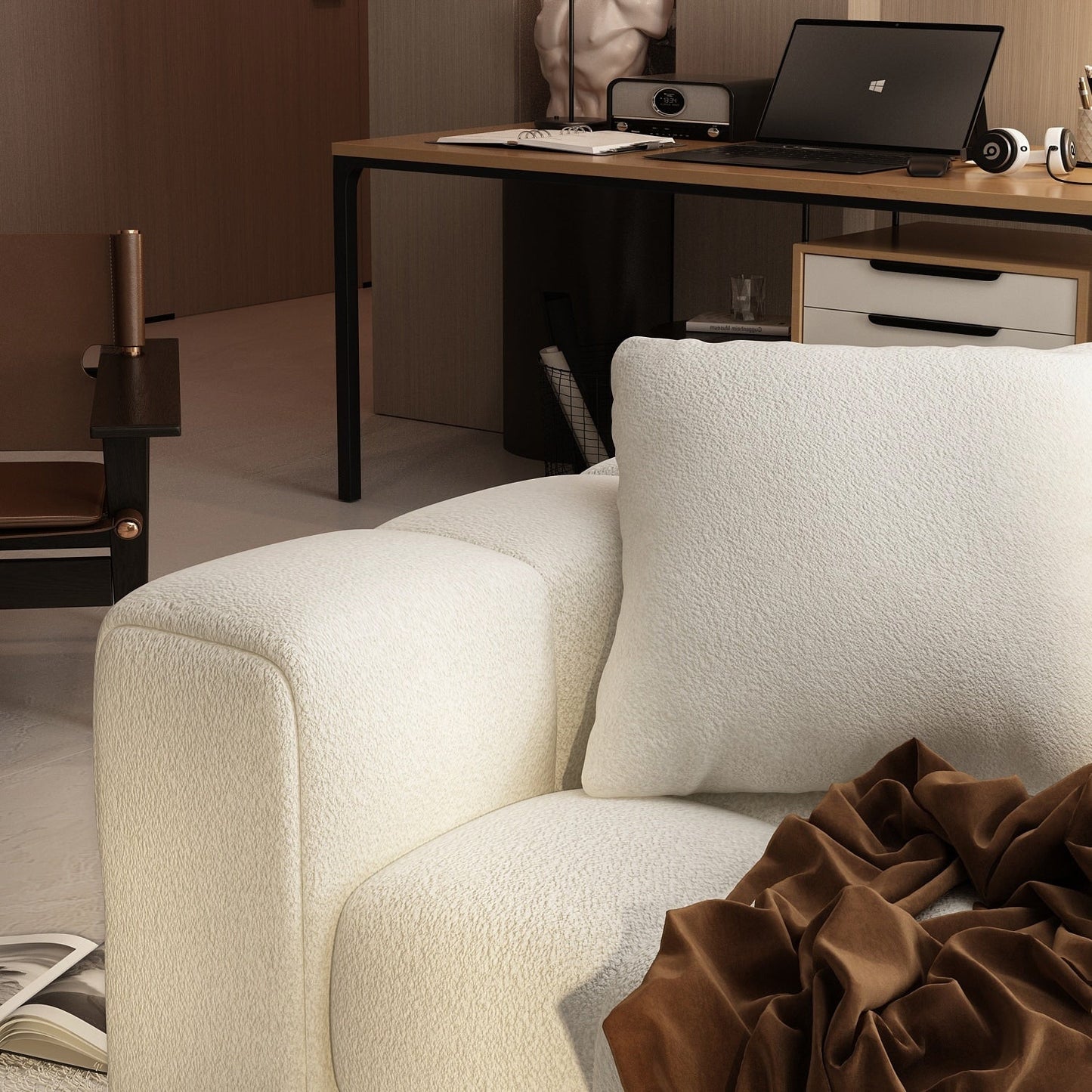 100.8W Wooden Frame Teddy Velvet Sofa in White Couch 4 Person