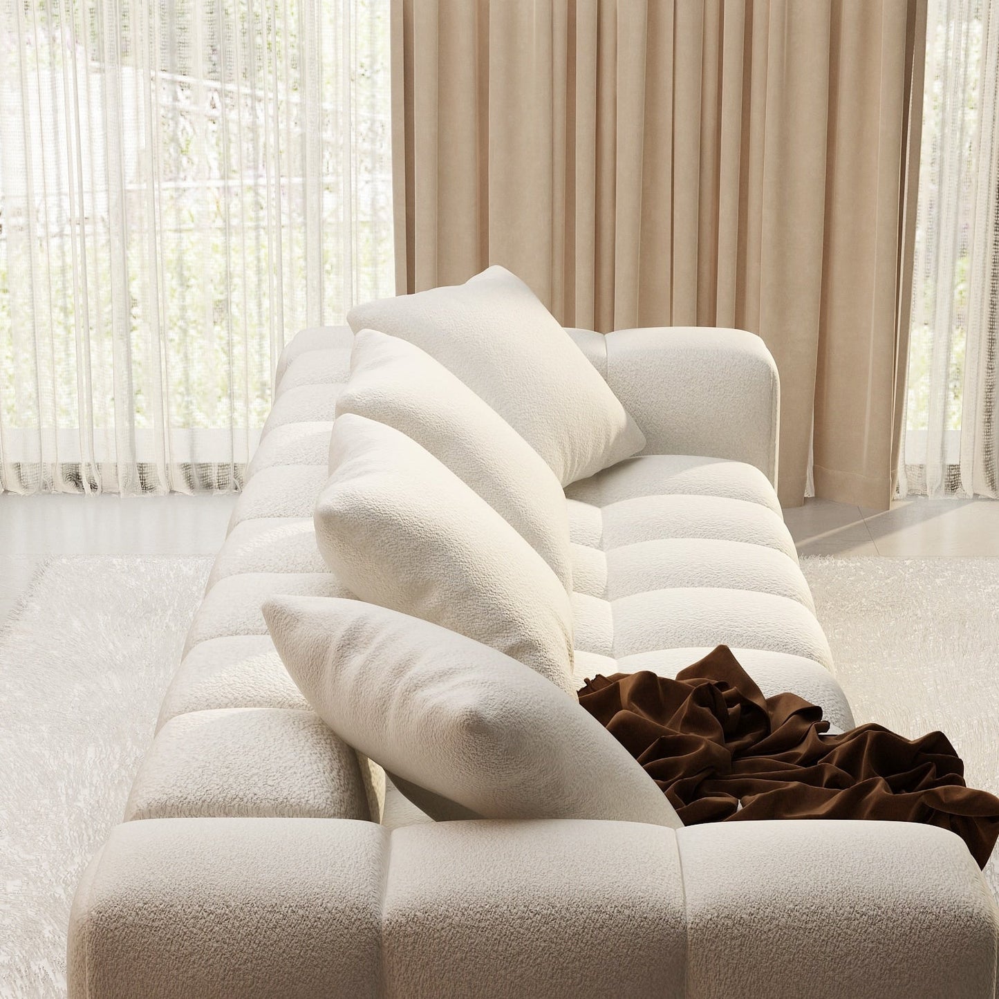 100.8W Wooden Frame Teddy Velvet Sofa in White Couch 4 Person