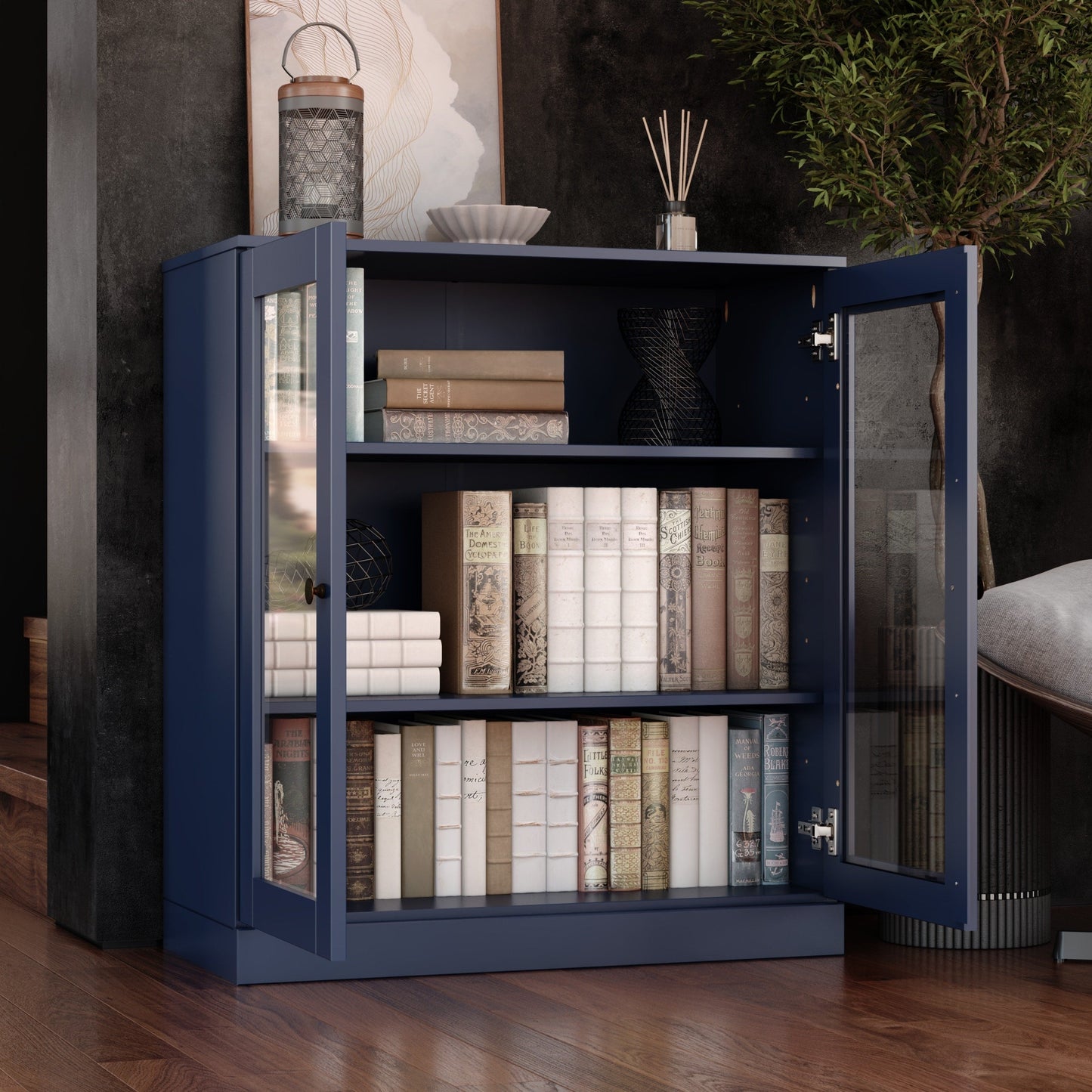 Bücherregal mit 3 Regalböden aus 100 % Massivholz und optionalen Türen von Palace Imports
