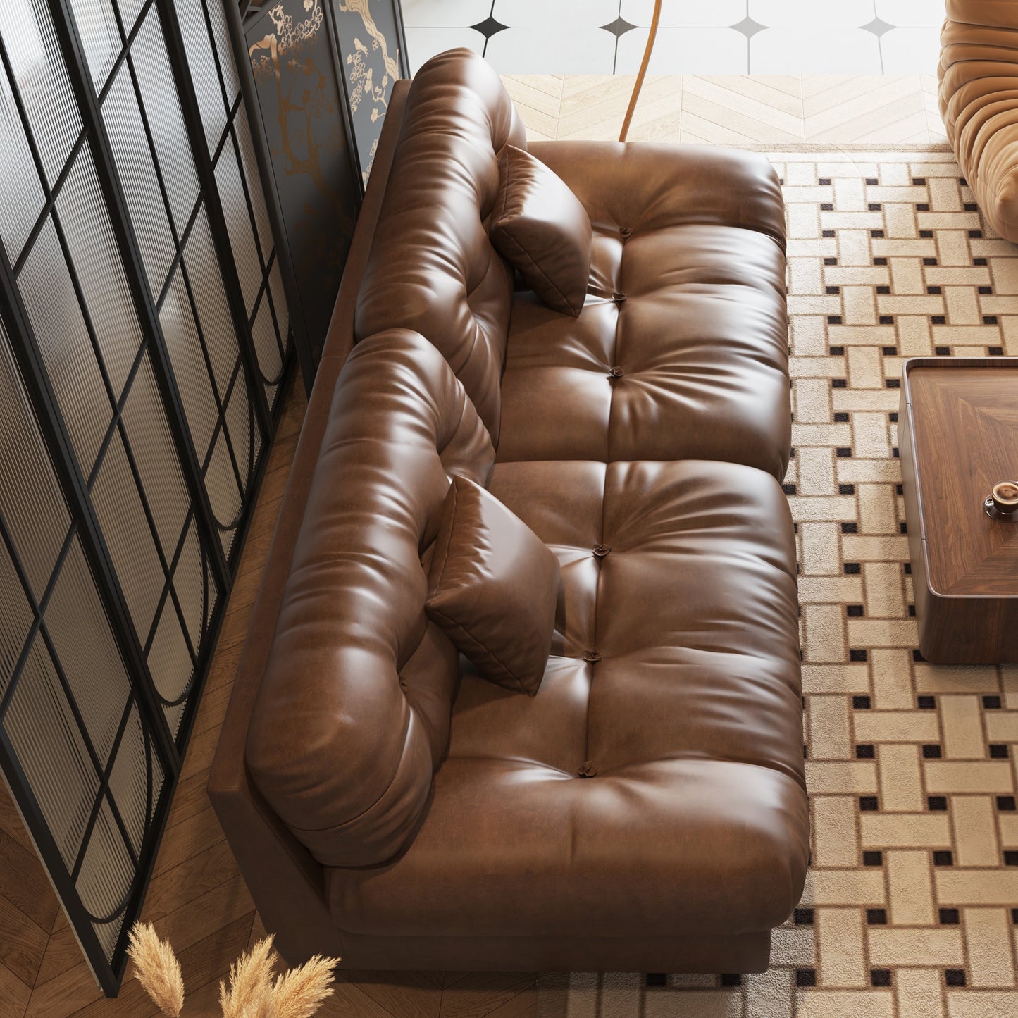 102.4 3-Seat Mid-Century Leather Feather Sofa - 110.2 x 31.9