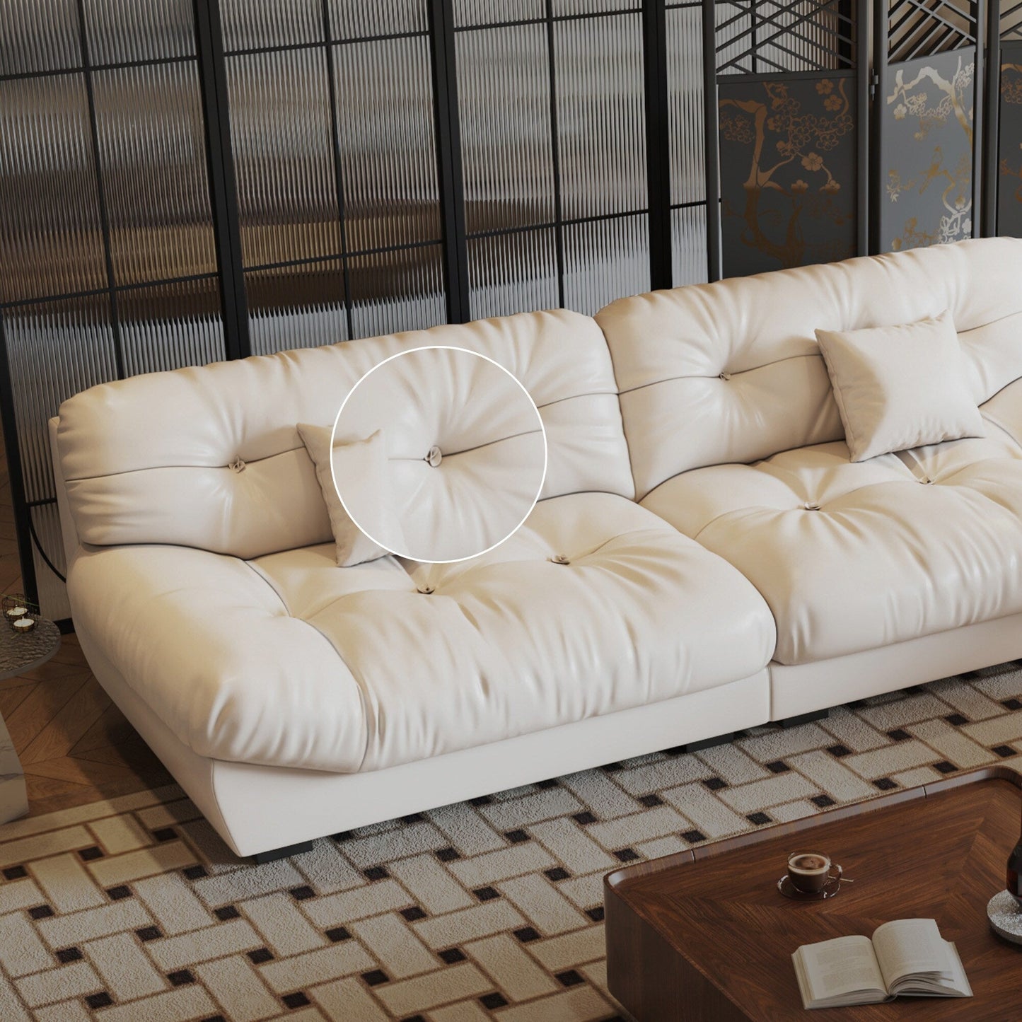 102.4 3-Seat Mid-Century Leather Feather Sofa - 110.2 x 31.9