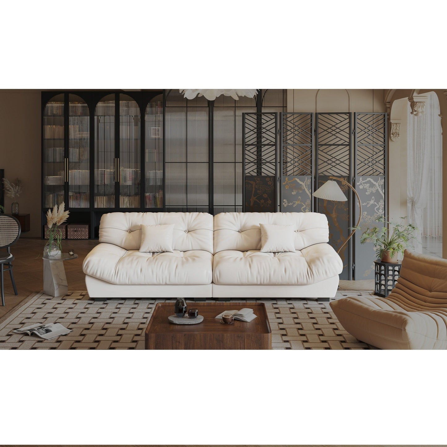 102.4 3-Seat Mid-Century Leather Feather Sofa - 110.2 x 31.9