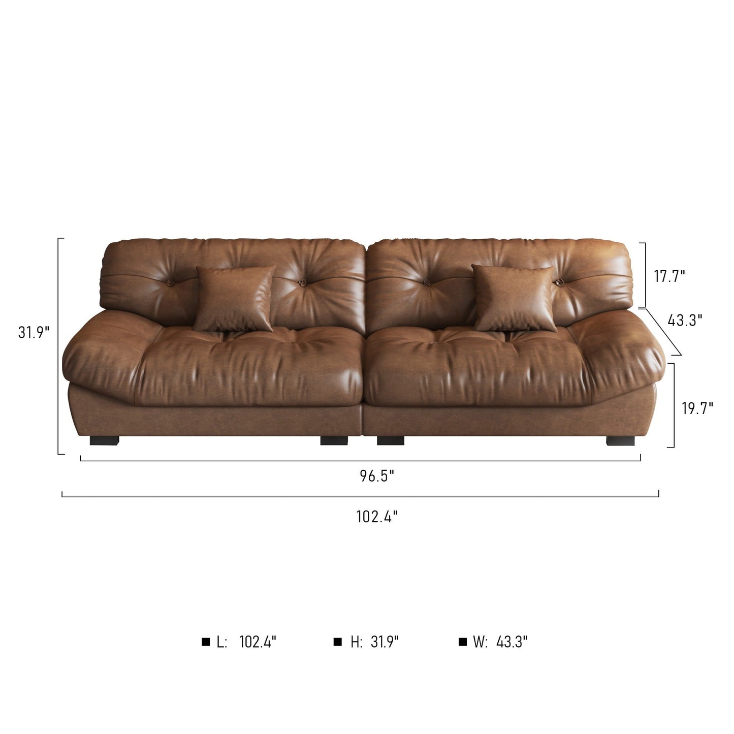 102.4 3-Seat Mid-Century Leather Feather Sofa - 110.2 x 31.9