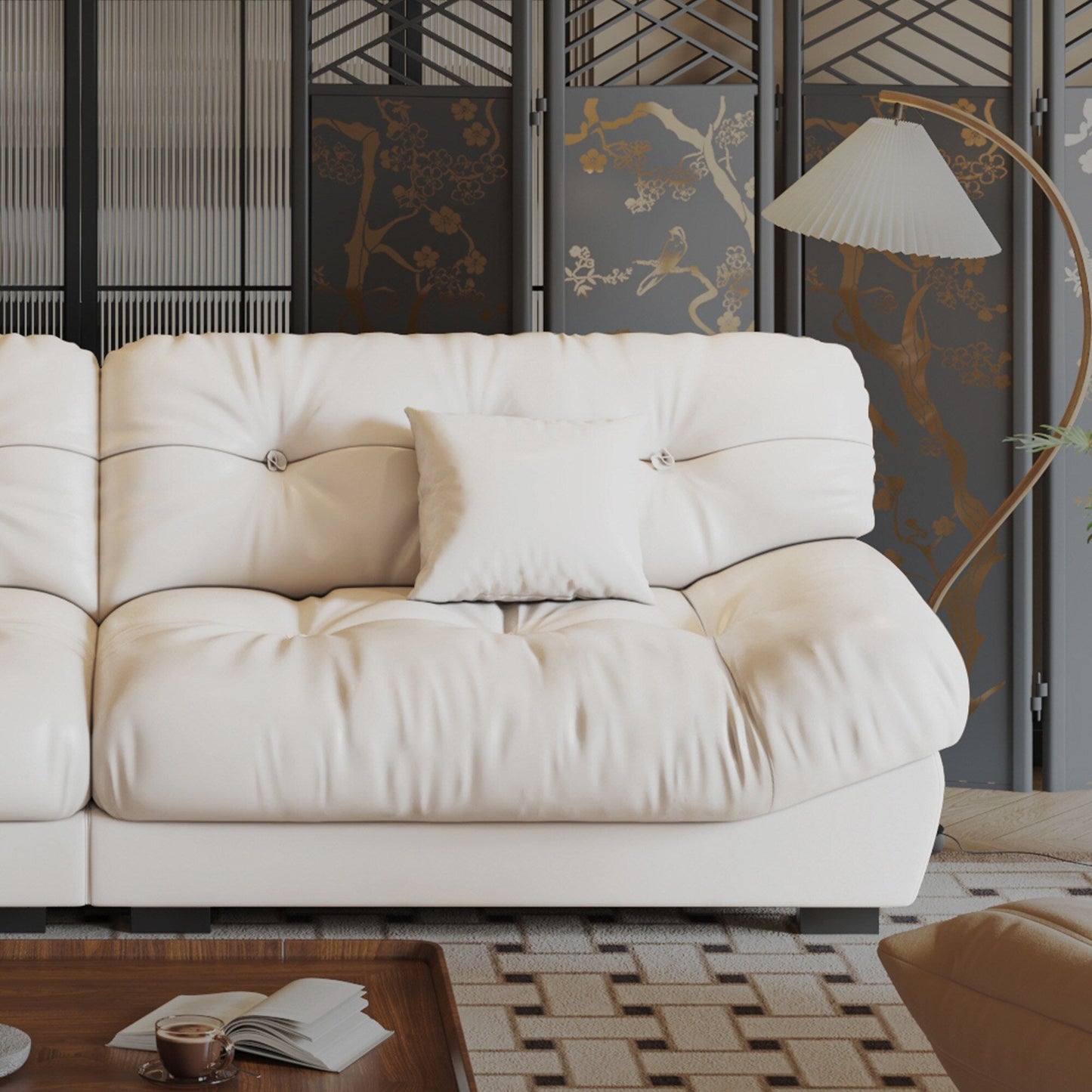 102.4 3-Seat Mid-Century Leather Feather Sofa - 110.2 x 31.9