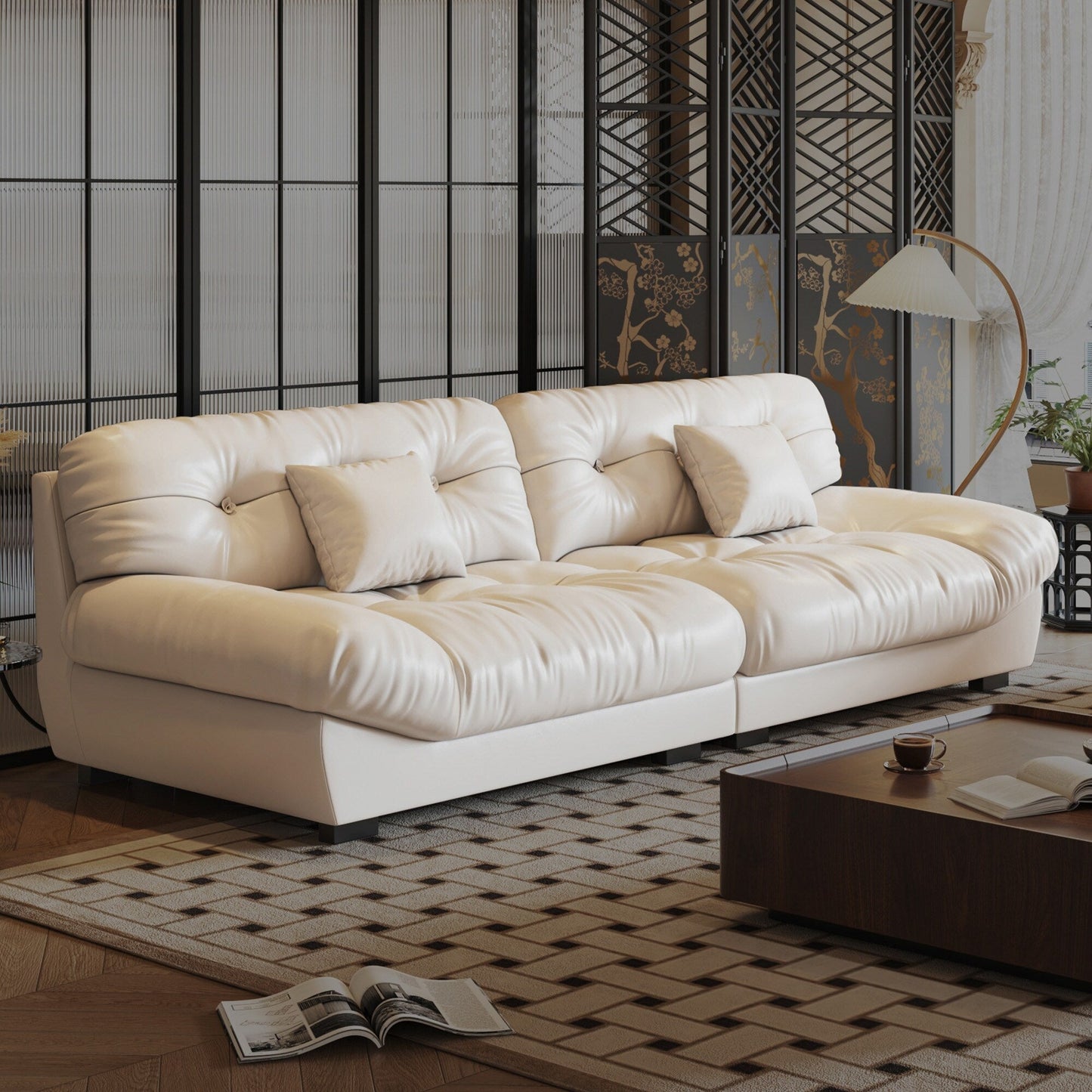 102.4 3-Seat Mid-Century Leather Feather Sofa - 110.2 x 31.9