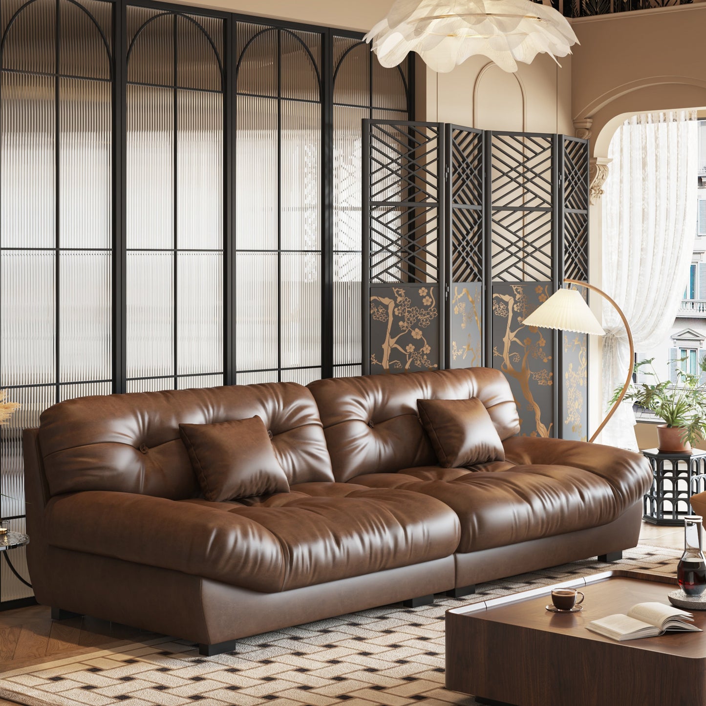 102.4 3-Seat Mid-Century Leather Feather Sofa - 110.2 x 31.9