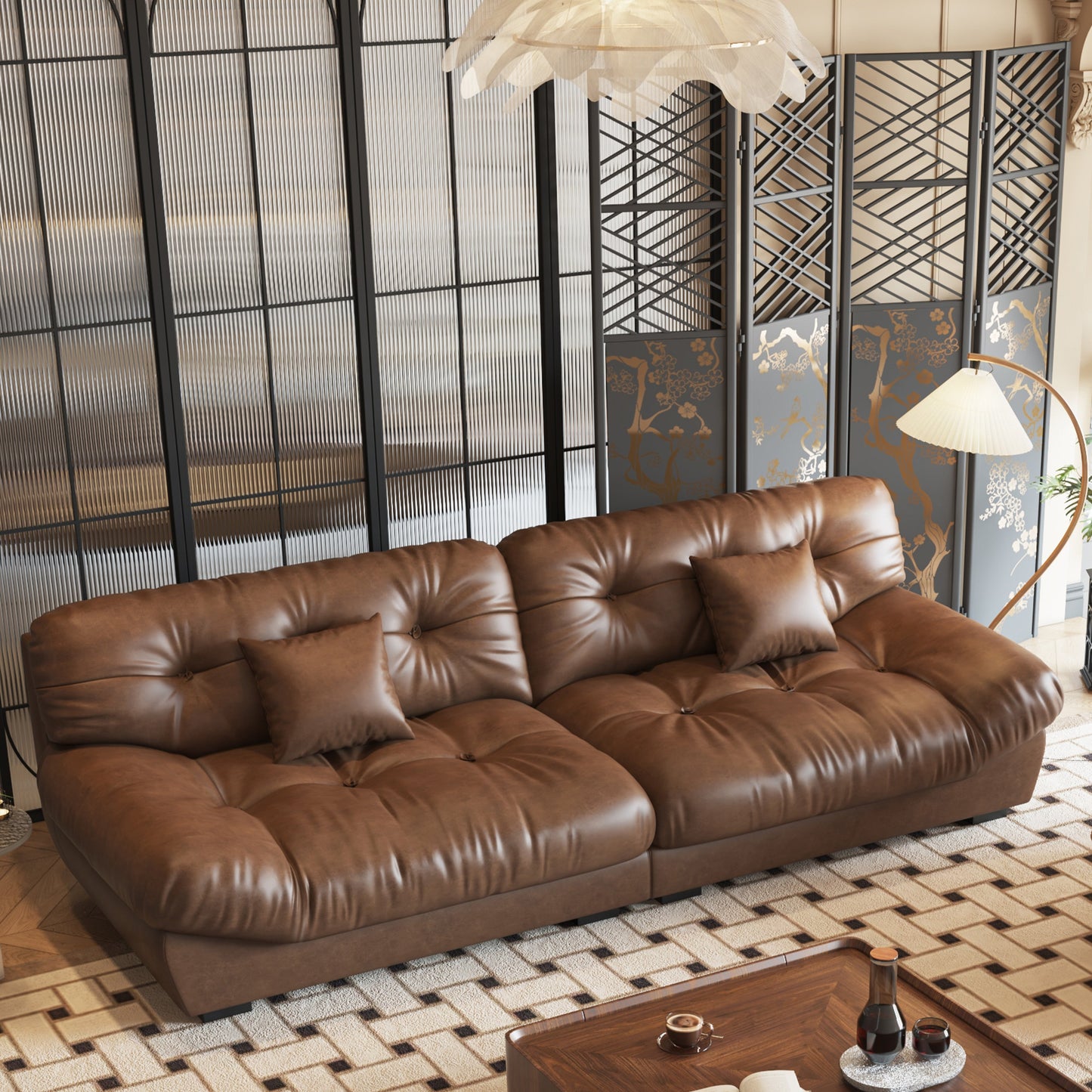 102.4 3-Seat Mid-Century Leather Feather Sofa - 110.2 x 31.9