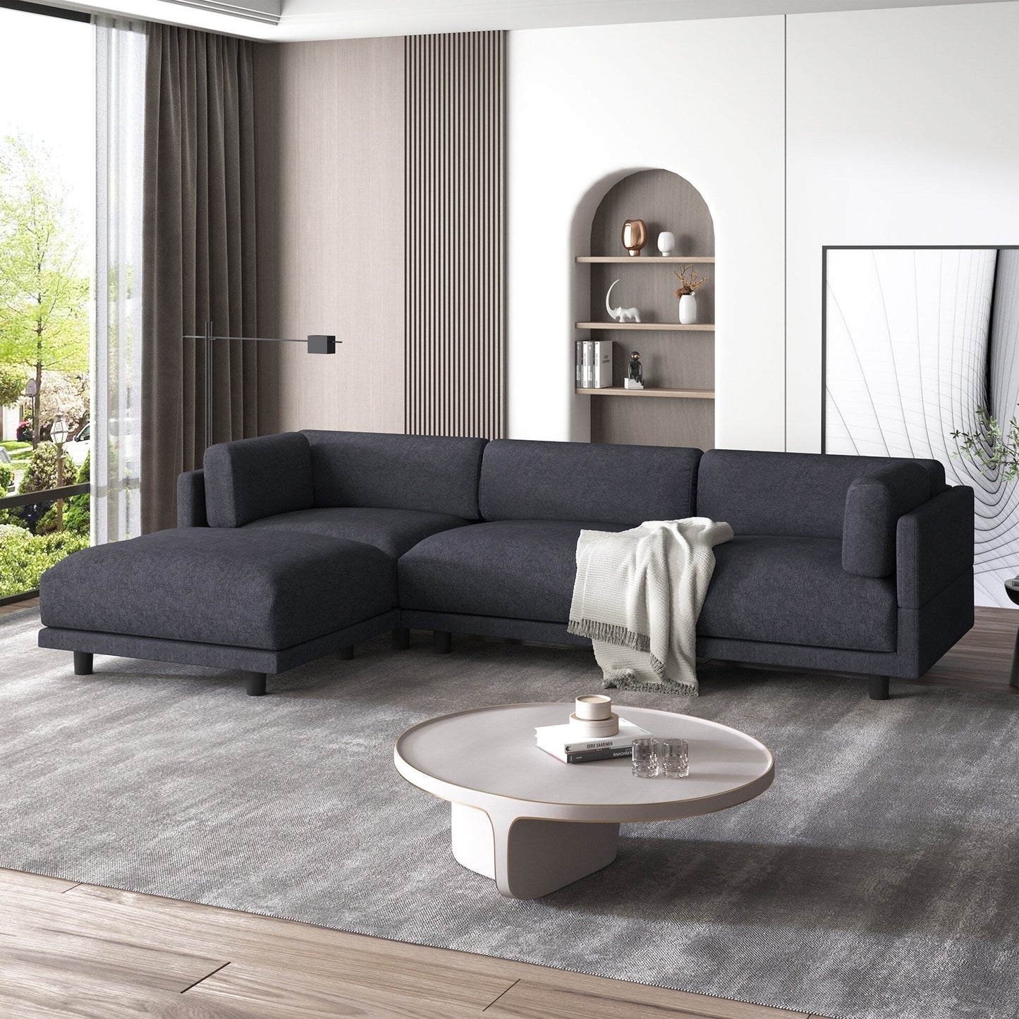 102.4 L-förmiges Polyester-Sofa mit wendbarem Fußhocker, dicken Kissen und Kunststoffbeinen