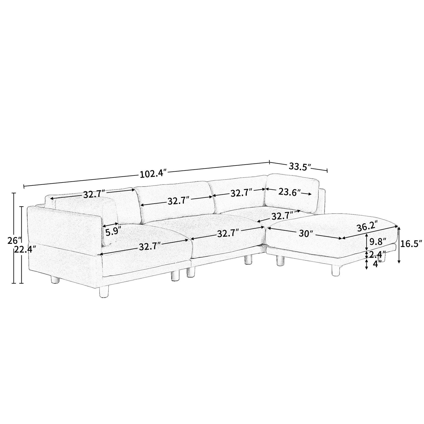 102.4 Polyester L-Shaped Sectional Sofa with Reversible Footstool, Thick Cushions, and Durable Plastic Legs