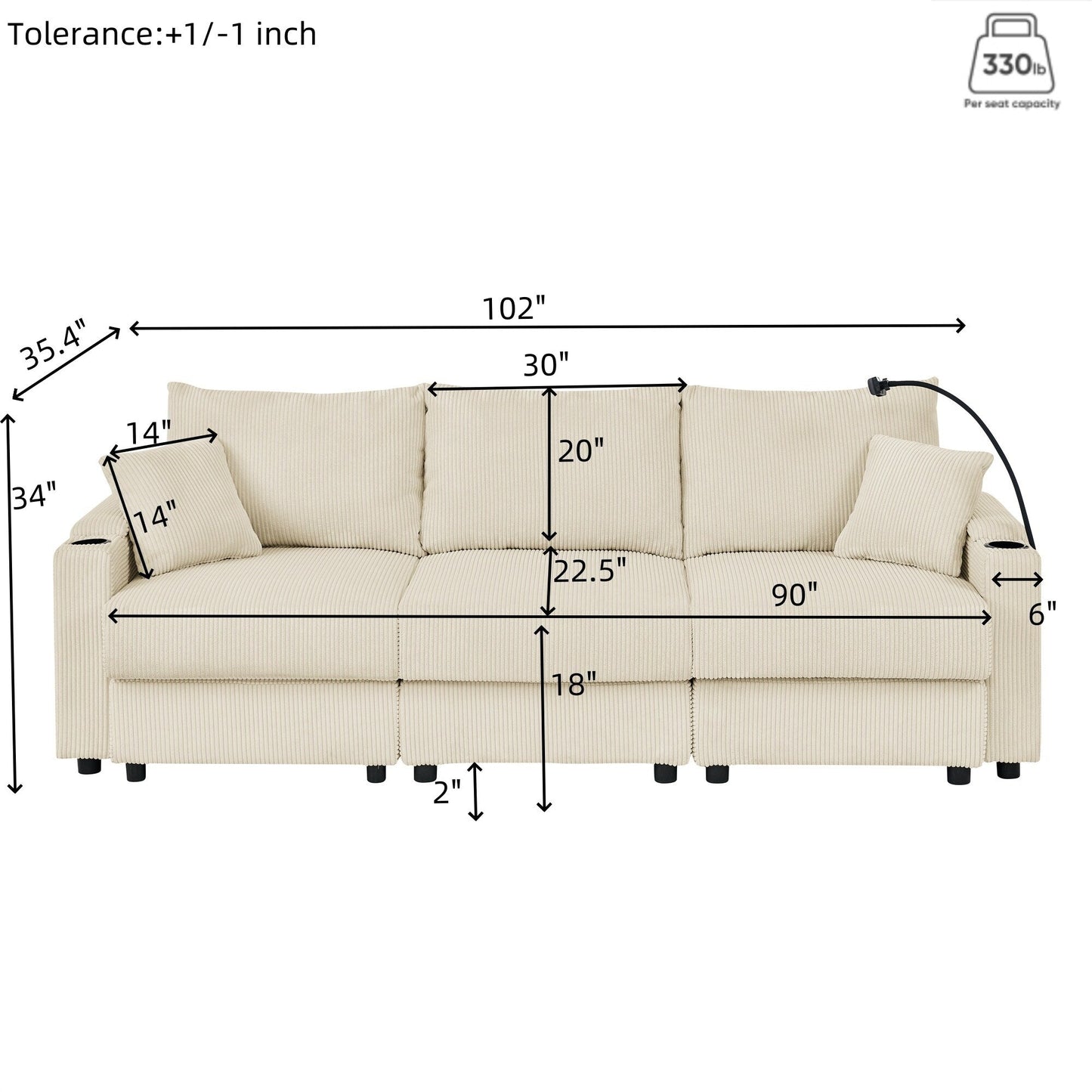 102 Corduroy Modern 3-Seater Sofa Deep Seat with Cup Holders & Phone Holder