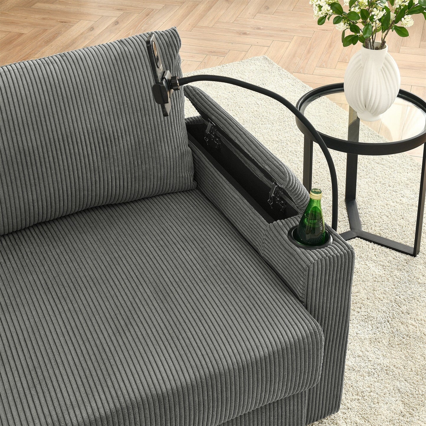 102 Corduroy Modern 3-Seater Sofa Deep Seat with Cup Holders & Phone Holder