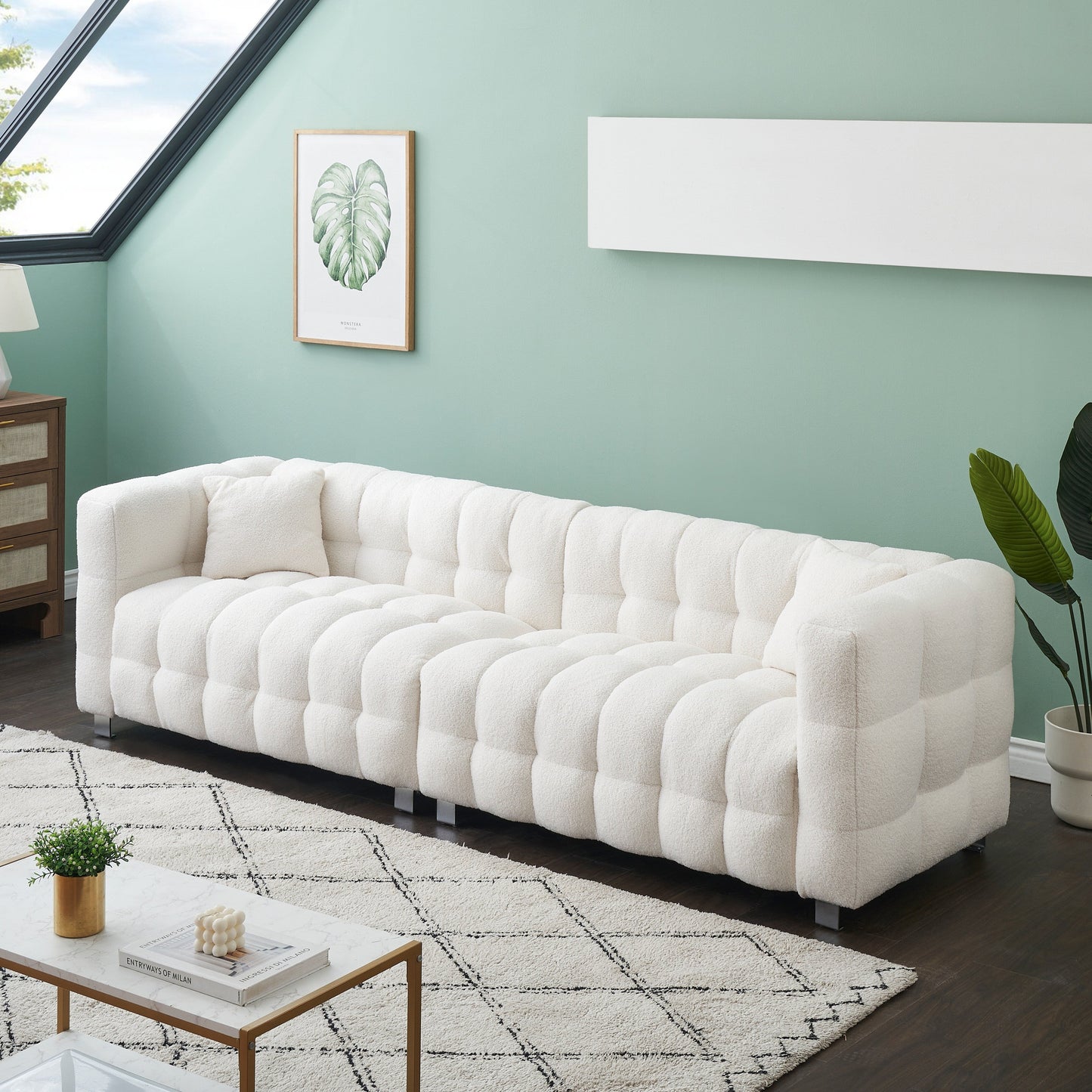 102'' Teddy Velvet 4-Seater Sofa with Metal Legs and Throw Pillows, Modern Multi-Directional Design for Living Room