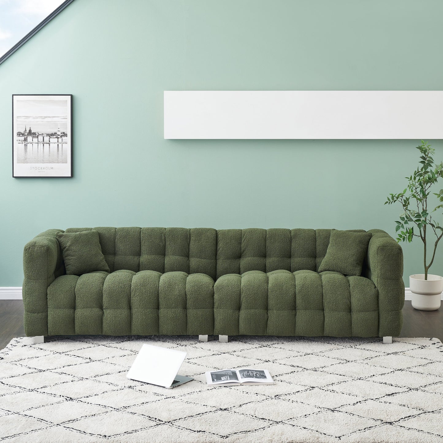 102'' Teddy Velvet 4-Seater Sofa with Metal Legs and Throw Pillows, Modern Multi-Directional Design for Living Room