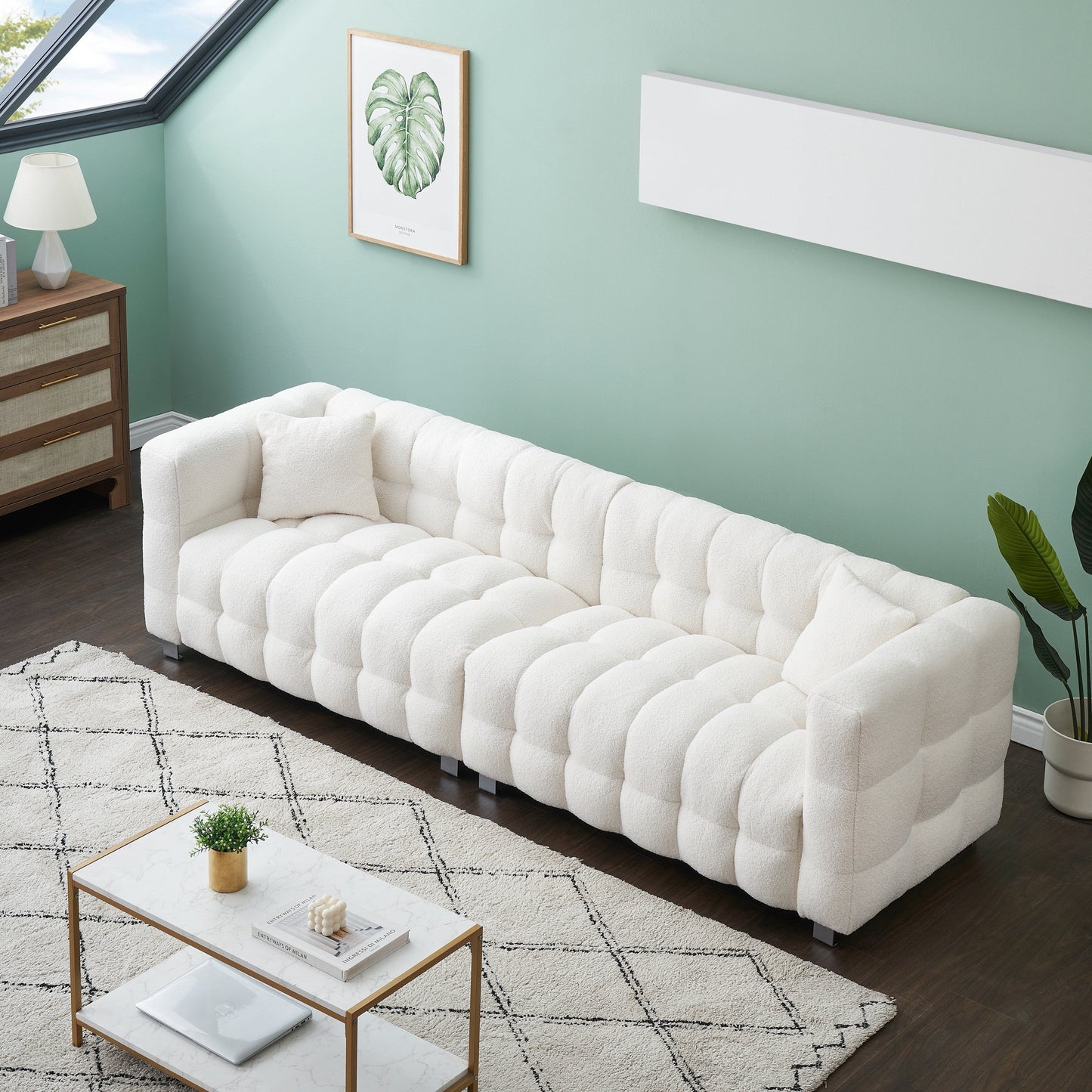 102'' Teddy Velvet 4-Seater Sofa with Metal Legs and Throw Pillows, Modern Multi-Directional Design for Living Room