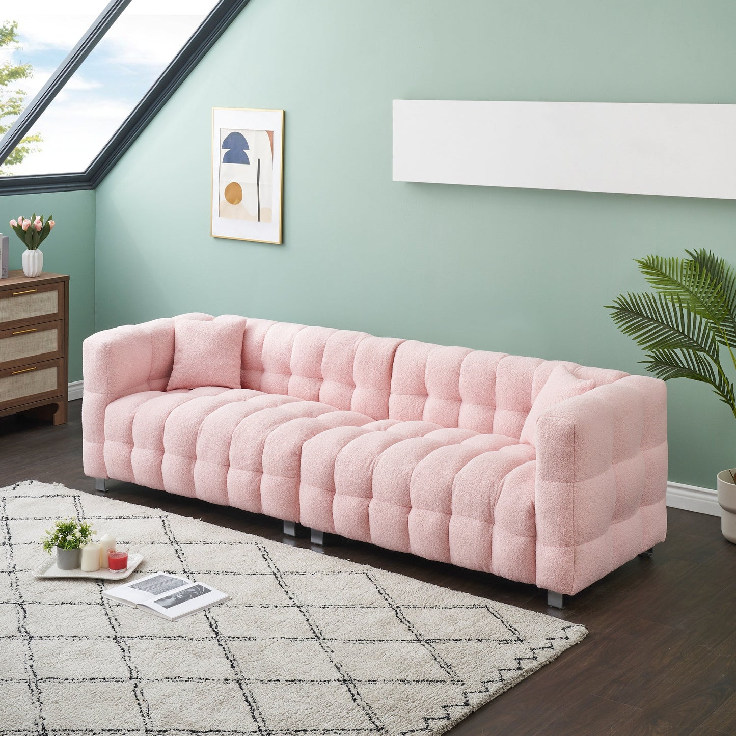 102'' Teddy Velvet 4-Seater Sofa with Metal Legs and Throw Pillows, Modern Multi-Directional Design for Living Room