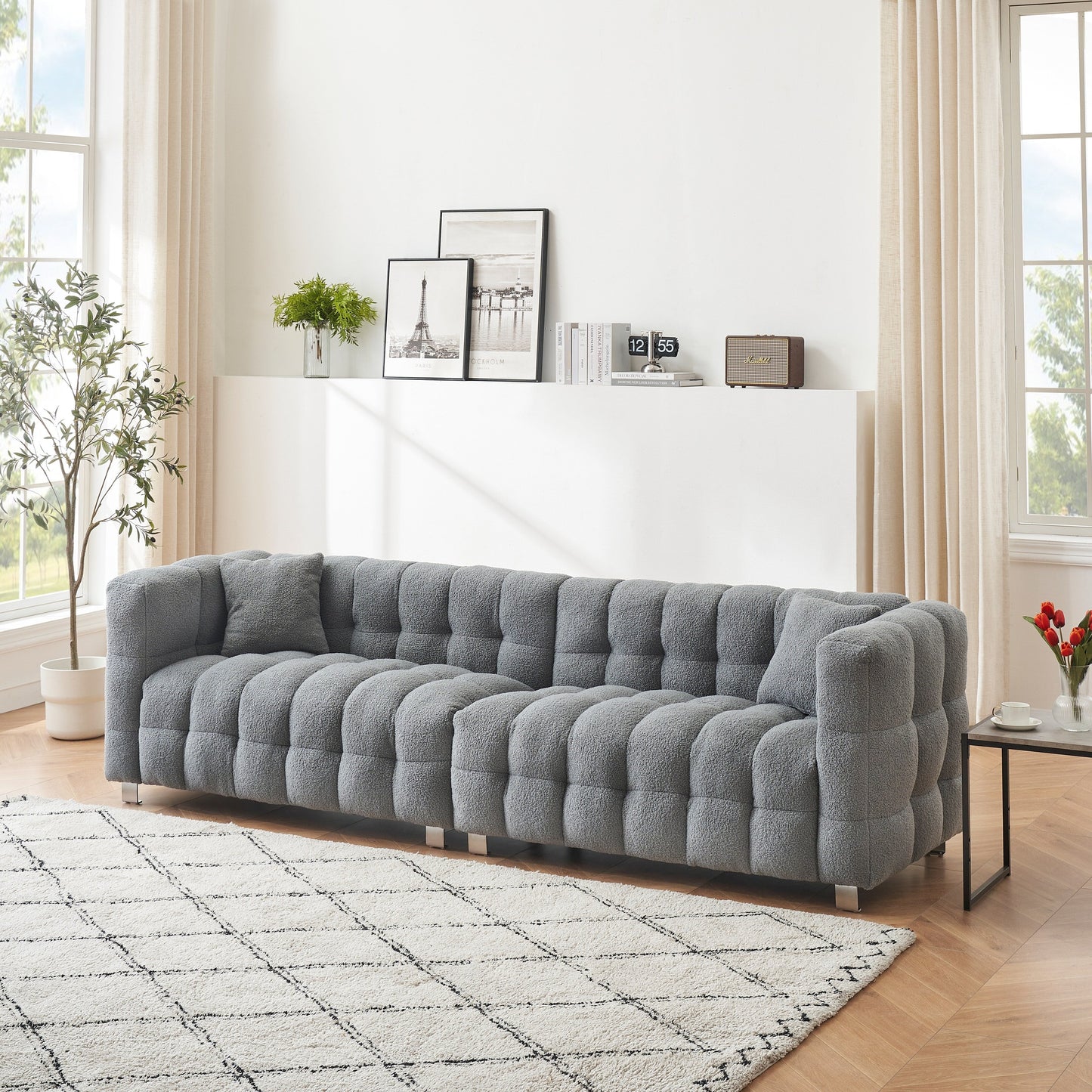 102'' Teddy Velvet 4-Seater Sofa with Metal Legs and Throw Pillows, Modern Multi-Directional Design for Living Room