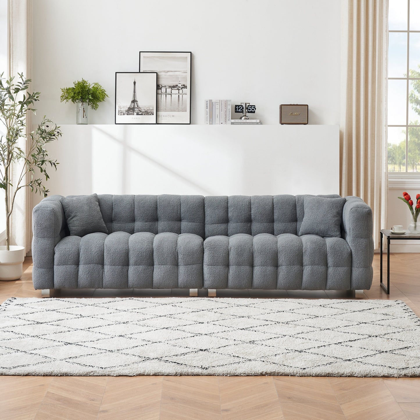 102'' Teddy Velvet 4-Seater Sofa with Metal Legs and Throw Pillows, Modern Multi-Directional Design for Living Room