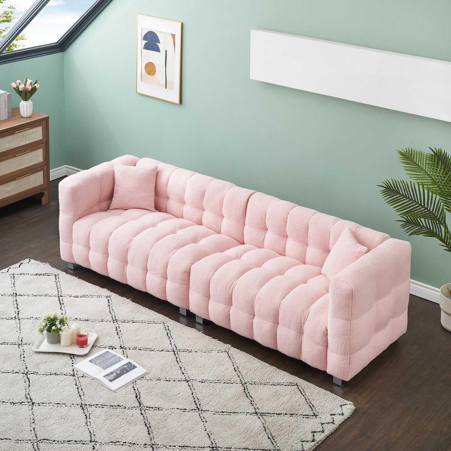 102'' Teddy Velvet 4-Seater Sofa with Metal Legs and Throw Pillows, Modern Multi-Directional Design for Living Room